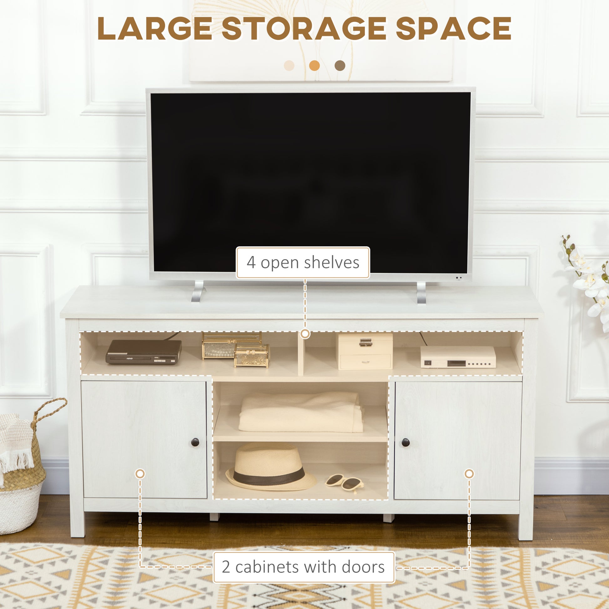 TV Stand 55" White Storage Shelves-DECOROLALA