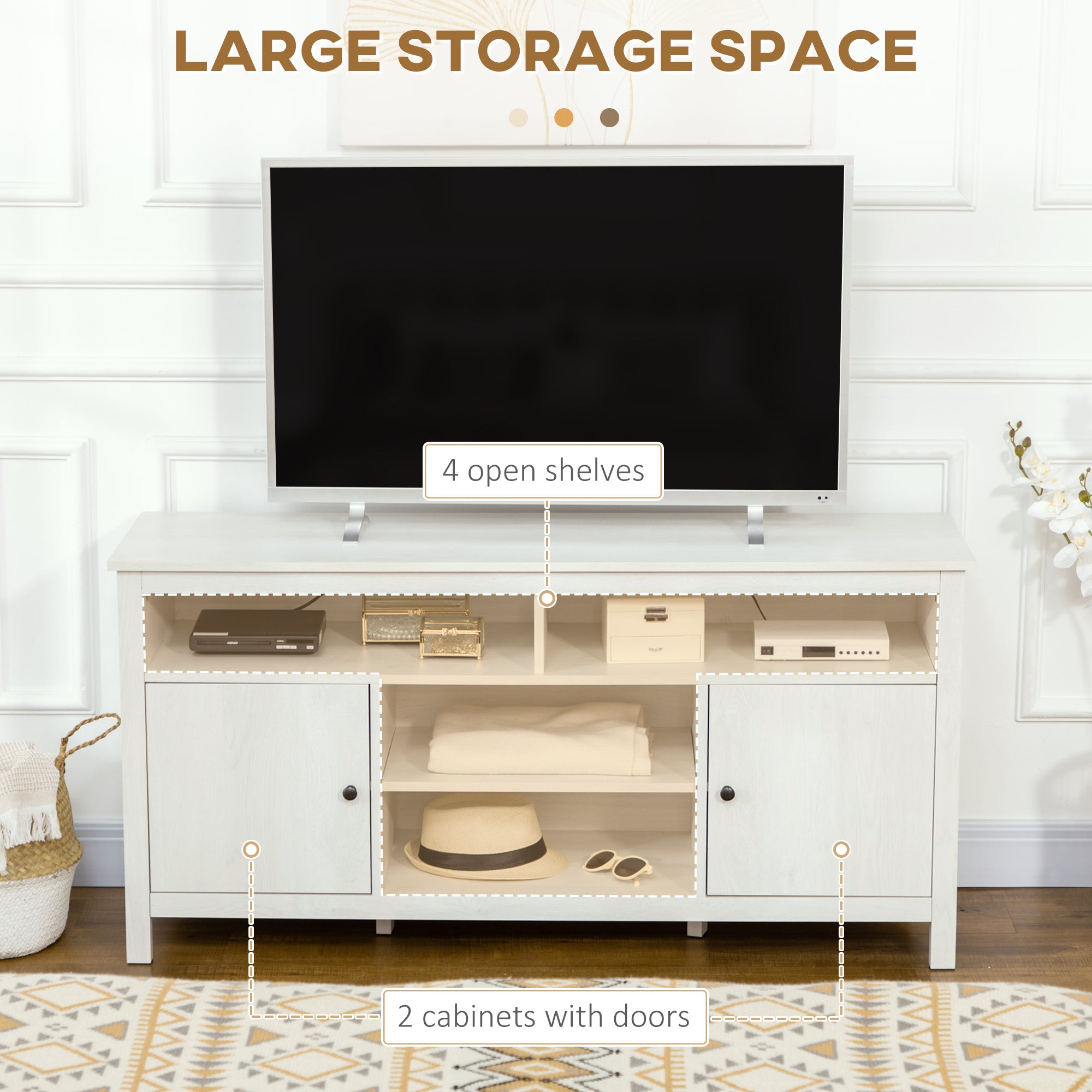 TV Stand 55" White Storage Shelves-DECOROLALA