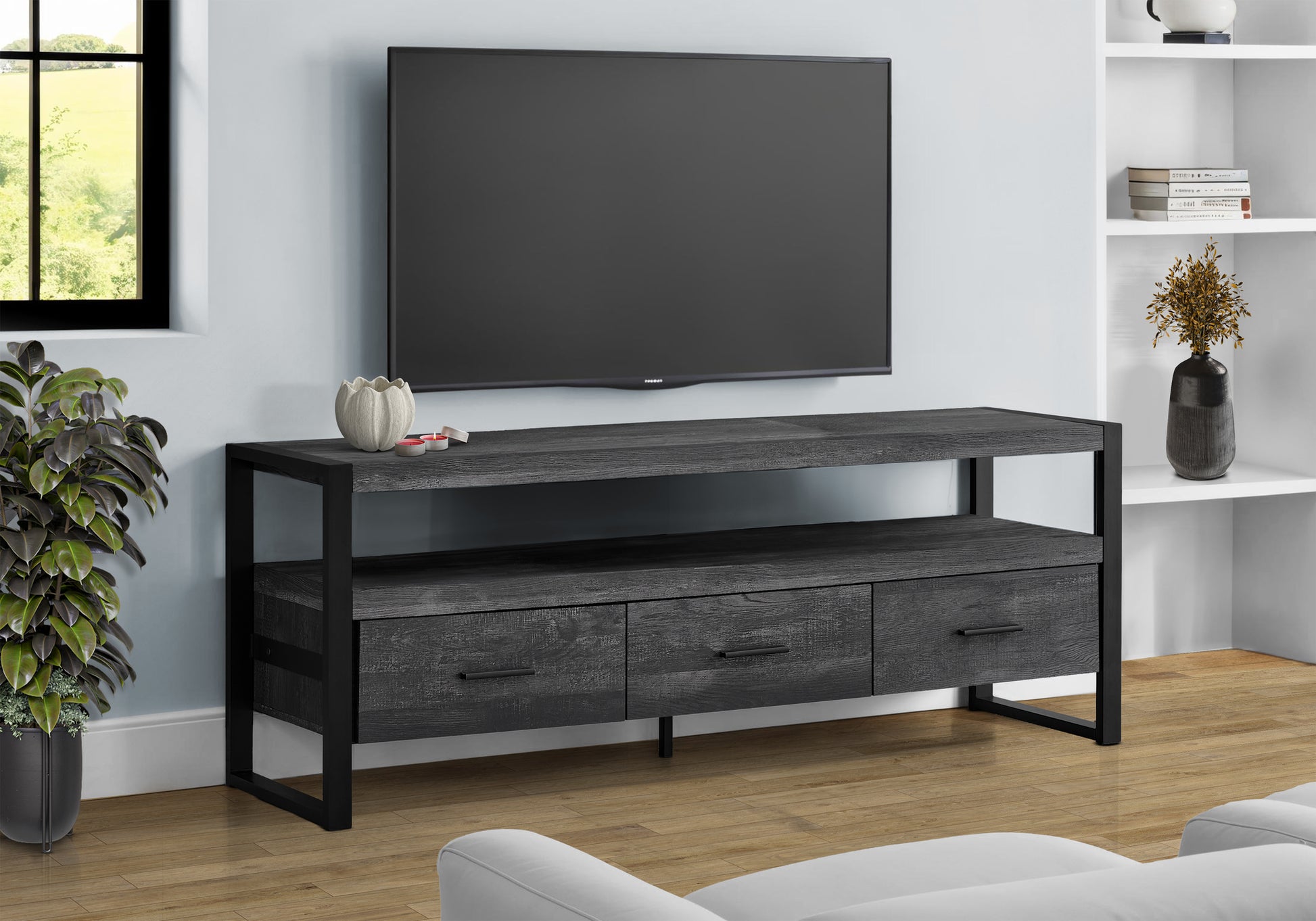 TV Stand 60" Brown Reclaimed Wood with 3 Drawers-Tv Stand-DECOROLALA
