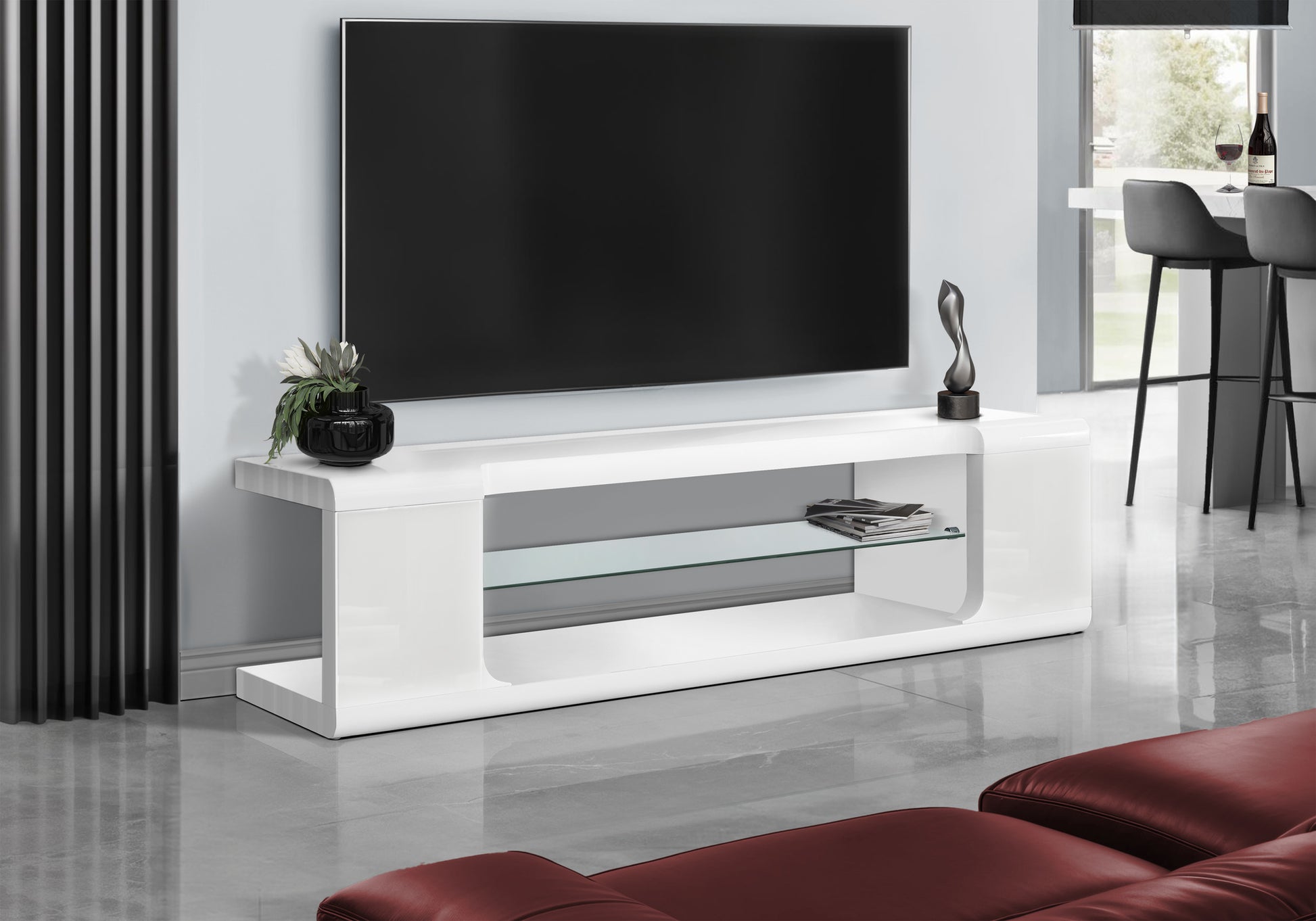 TV Stand 60" High Glossy White with Tempered Glass Shelf-Tv Stand-DECOROLALA