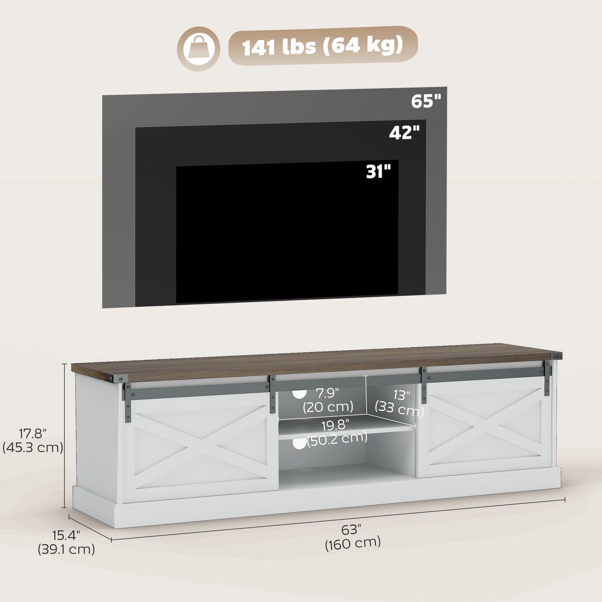 TV Stand 65" Max, Farmhouse Storage Cabinet with Barn Doors, White-DECOROLALA