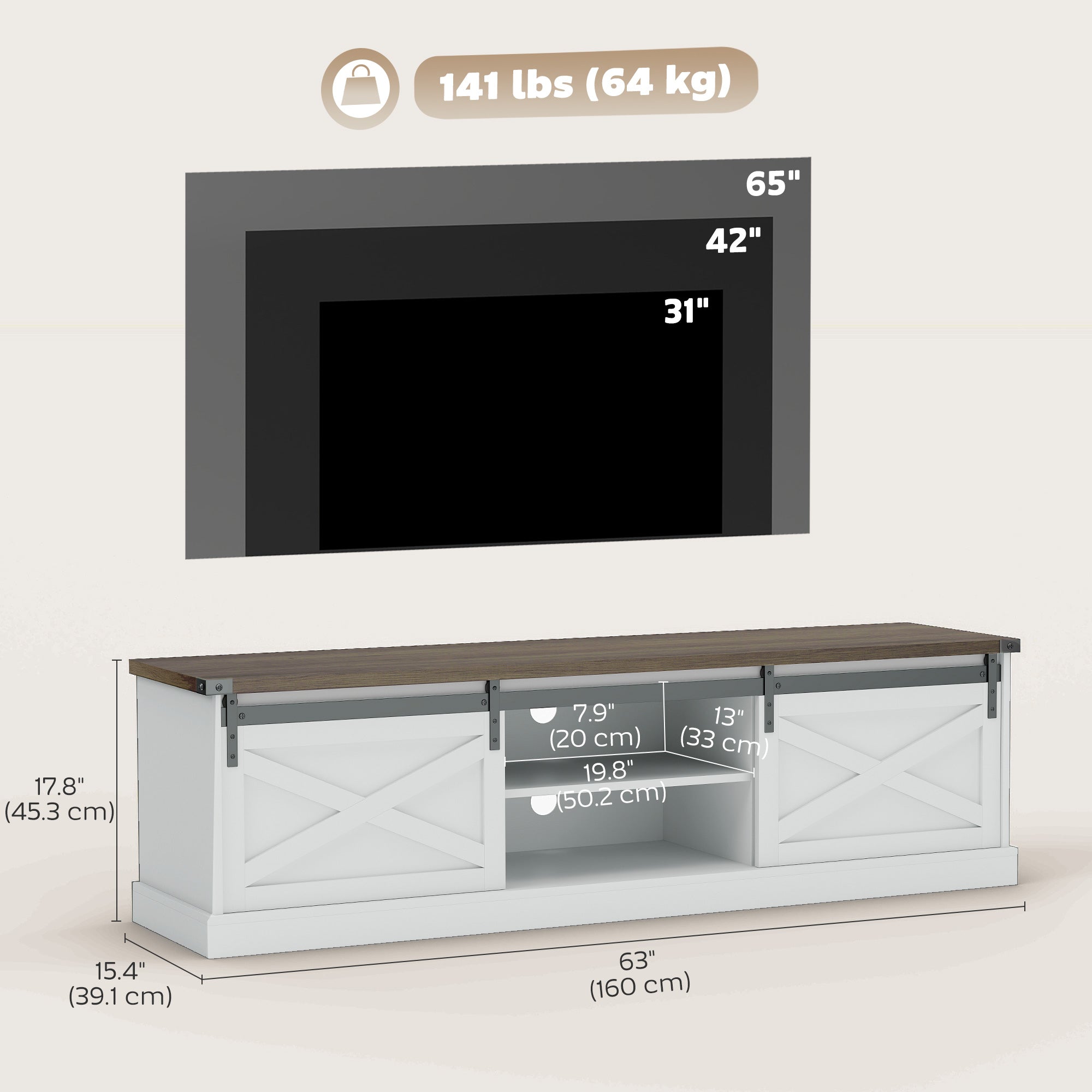 TV Stand 65" Max, Farmhouse Storage Cabinet with Barn Doors, White-DECOROLALA