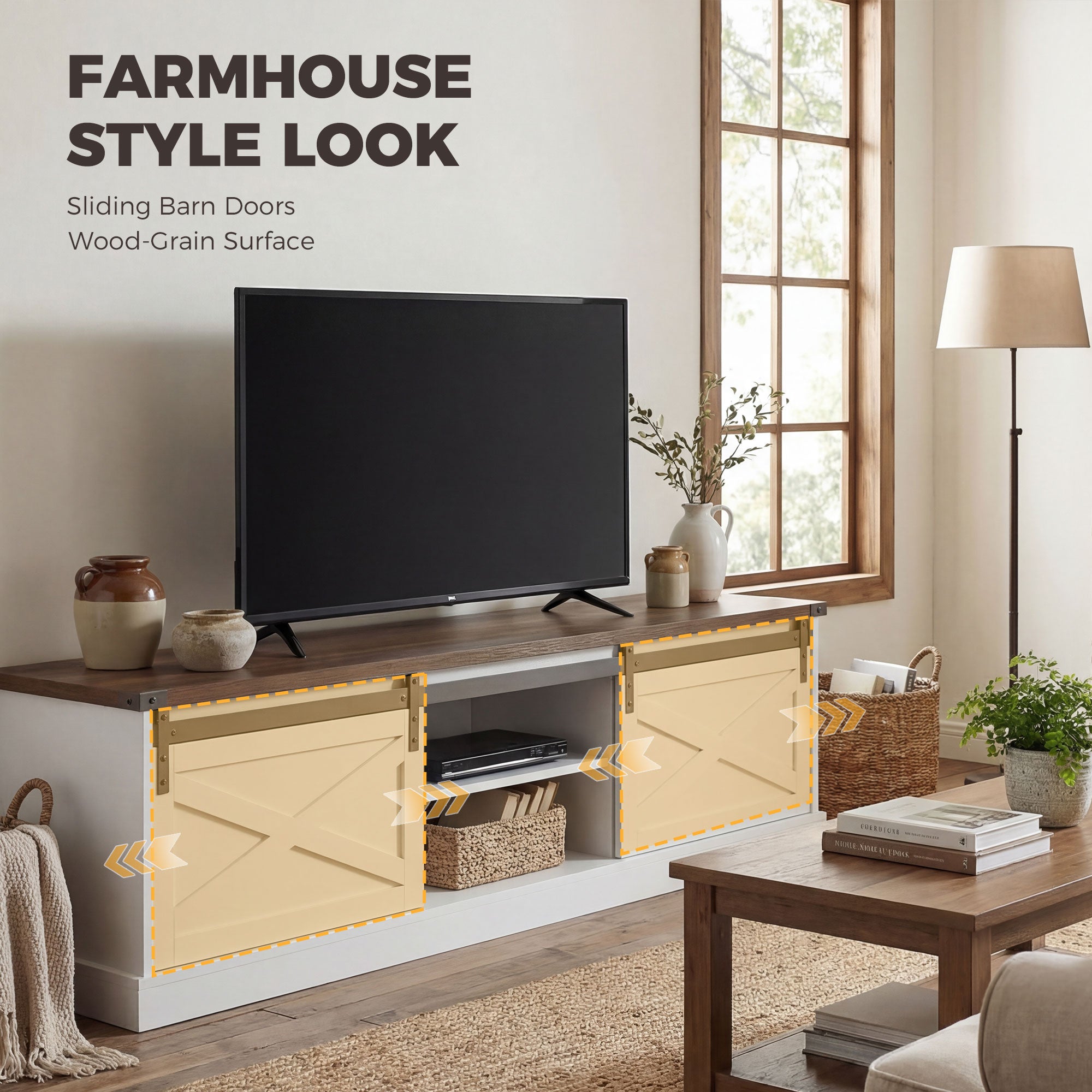 TV Stand 65" Max, Farmhouse Storage Cabinet with Barn Doors, White-DECOROLALA
