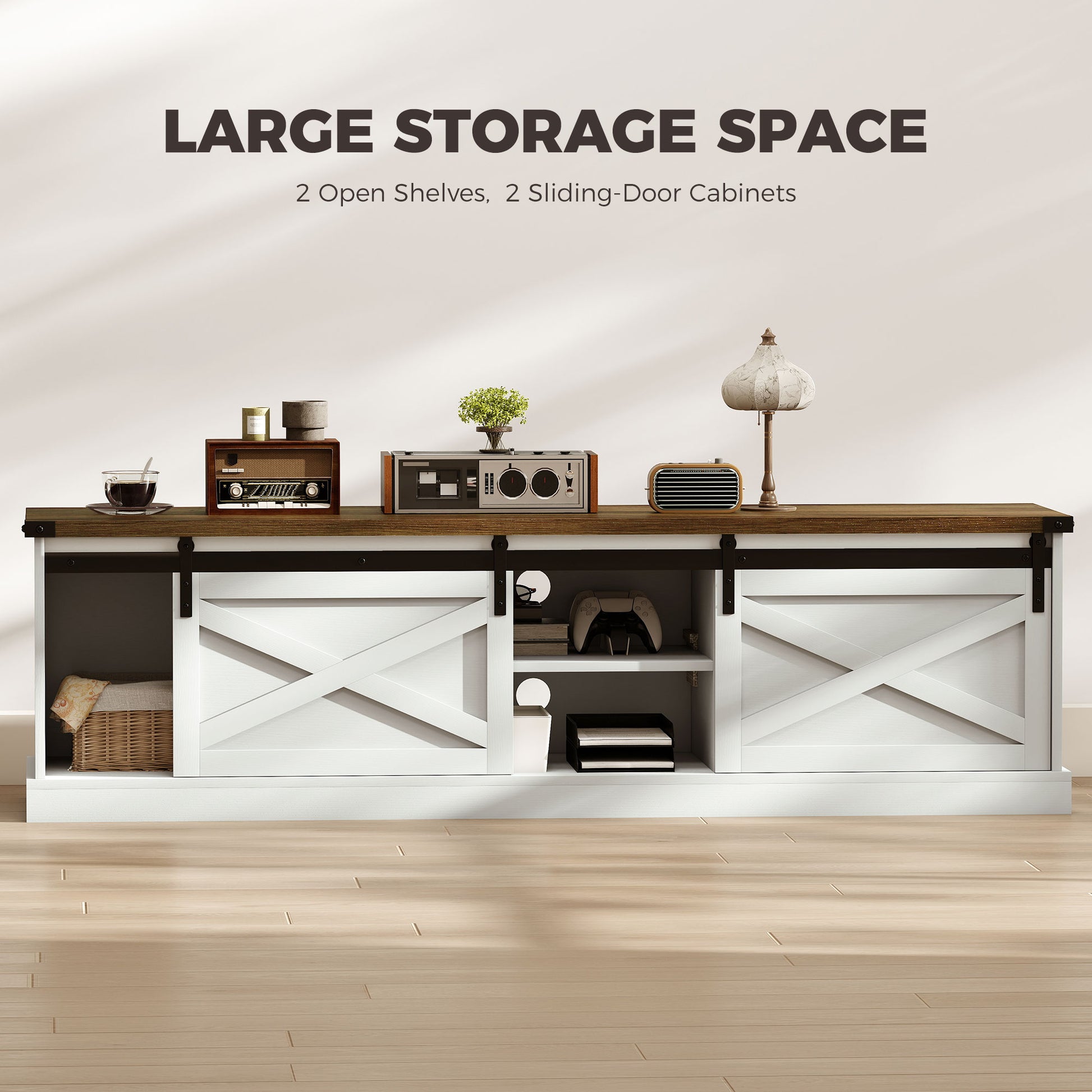 TV Stand 65" Max, Farmhouse Storage Cabinet with Barn Doors, White-DECOROLALA