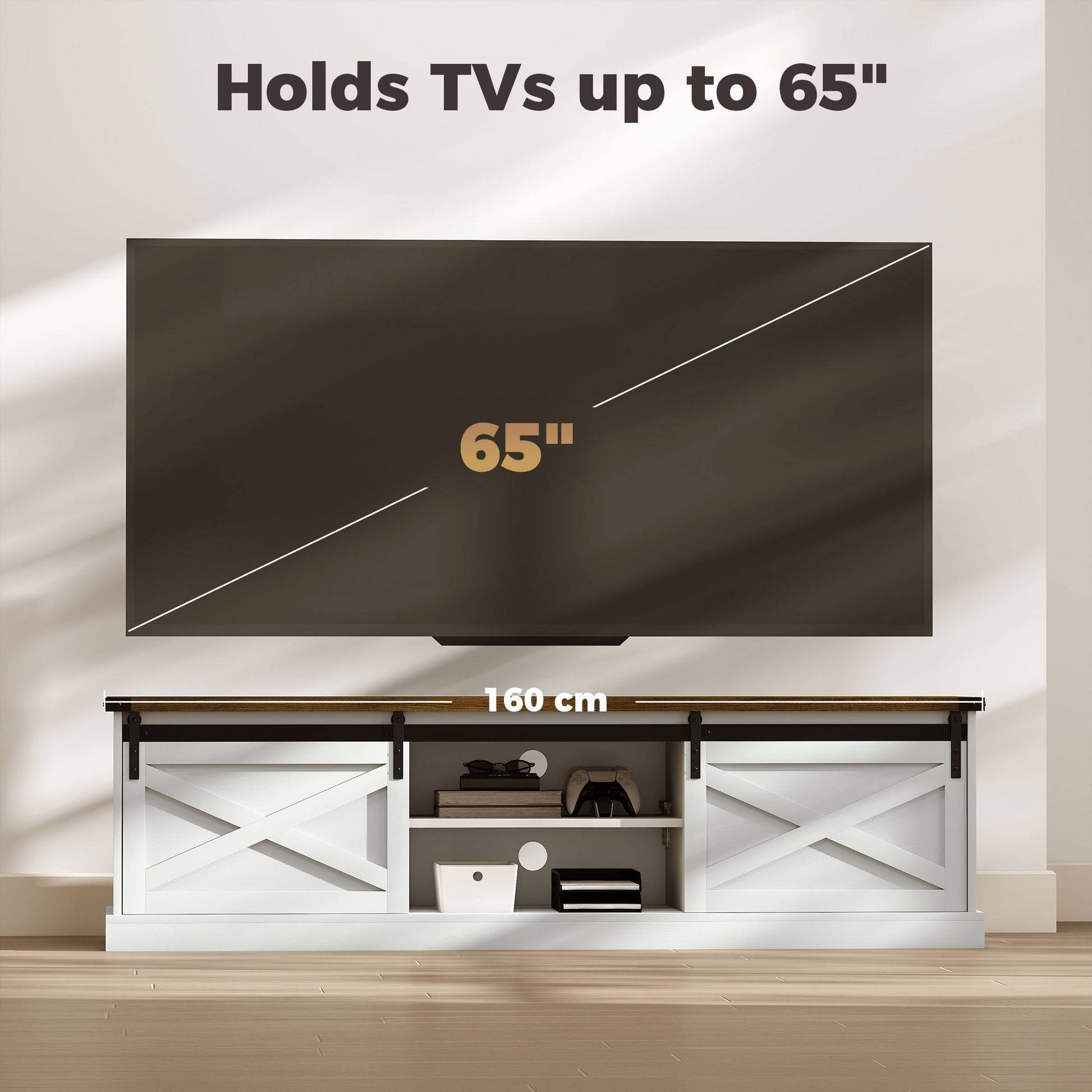 TV Stand 65" Max, Farmhouse Storage Cabinet with Barn Doors, White-DECOROLALA