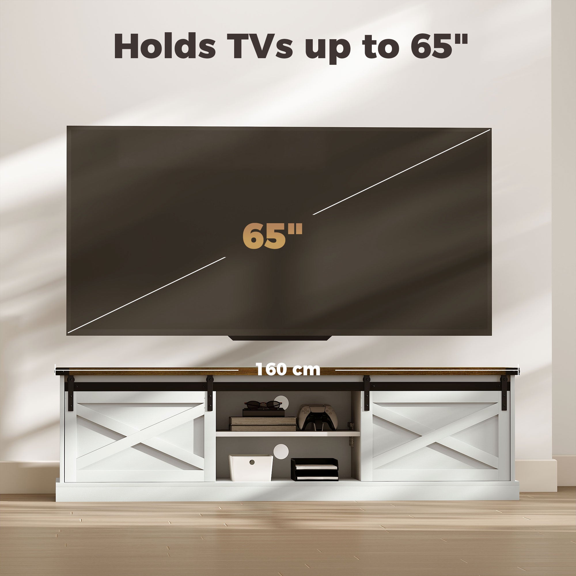 TV Stand 65" Max, Farmhouse Storage Cabinet with Barn Doors, White-DECOROLALA