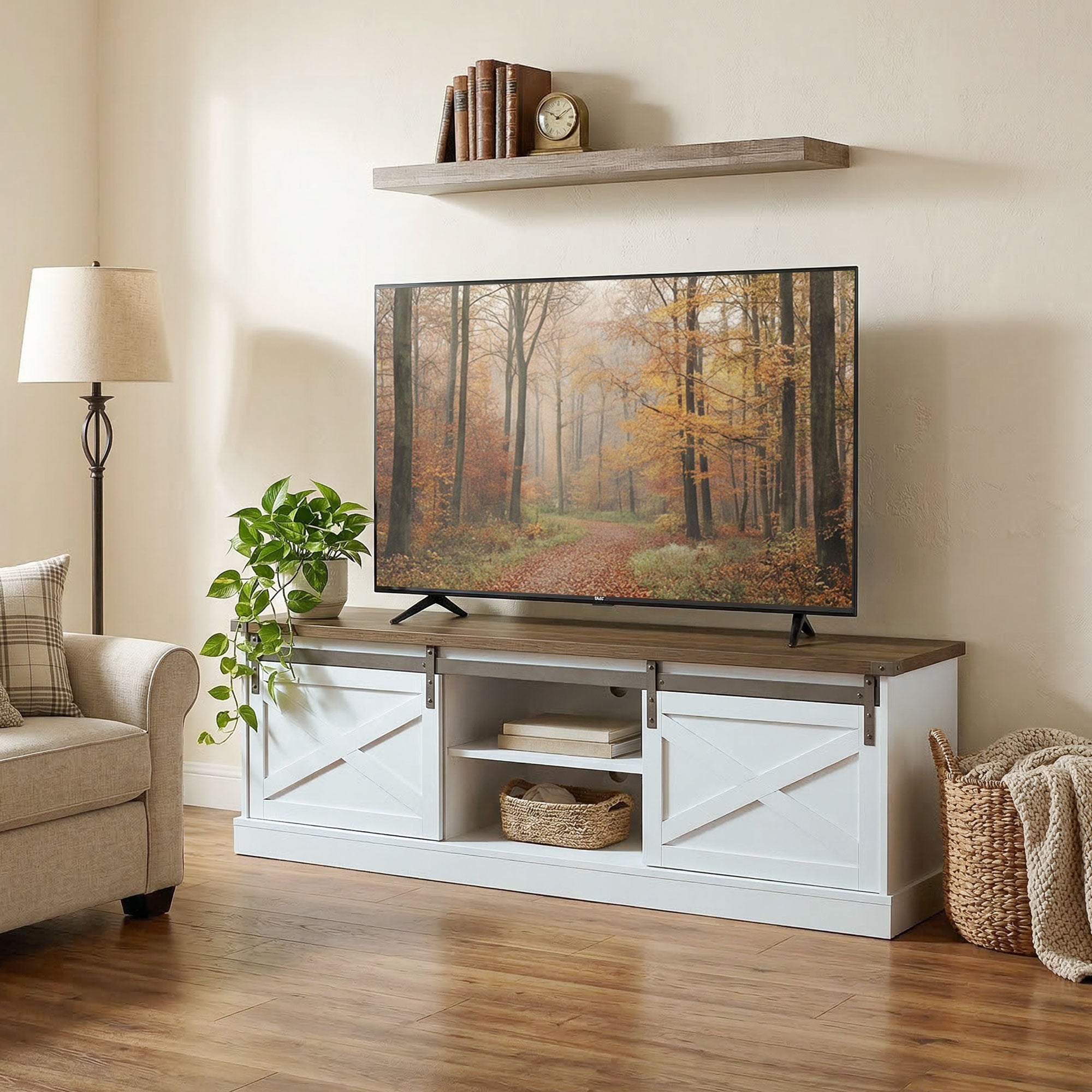 TV Stand 65" Max, Farmhouse Storage Cabinet with Barn Doors, White-DECOROLALA