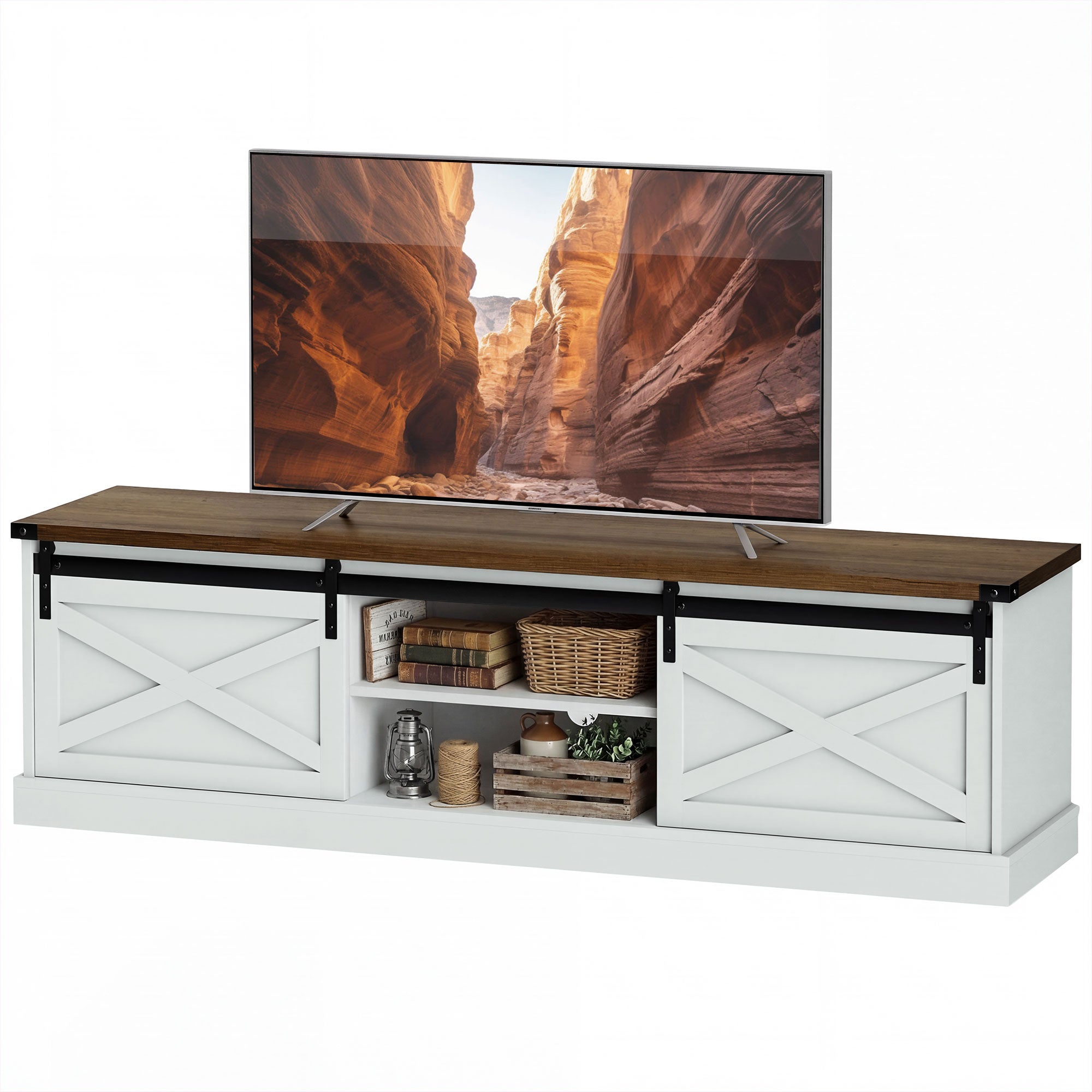 TV Stand 65" Max, Farmhouse Storage Cabinet with Barn Doors, White-DECOROLALA