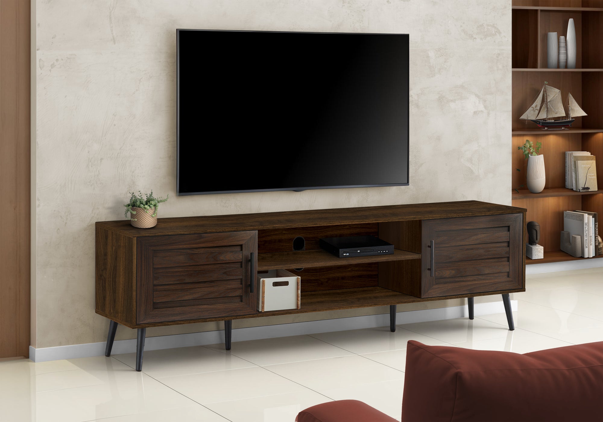 TV Stand 72" Brown Wood-Look With 2 Doors-Tv Stand-DECOROLALA