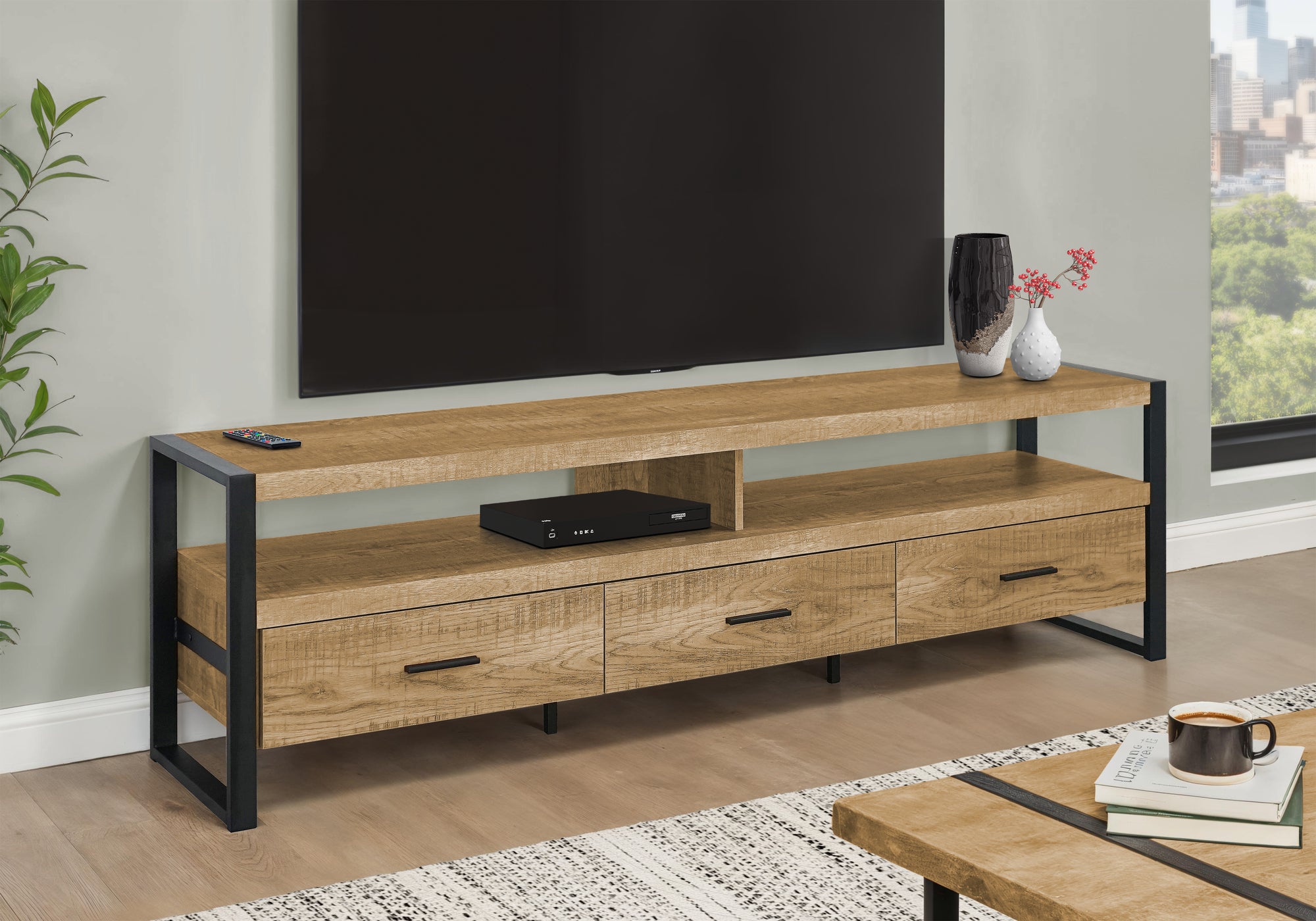 TV Stand 72" Mango Wood Black Metal Storage-DECOROLALA
