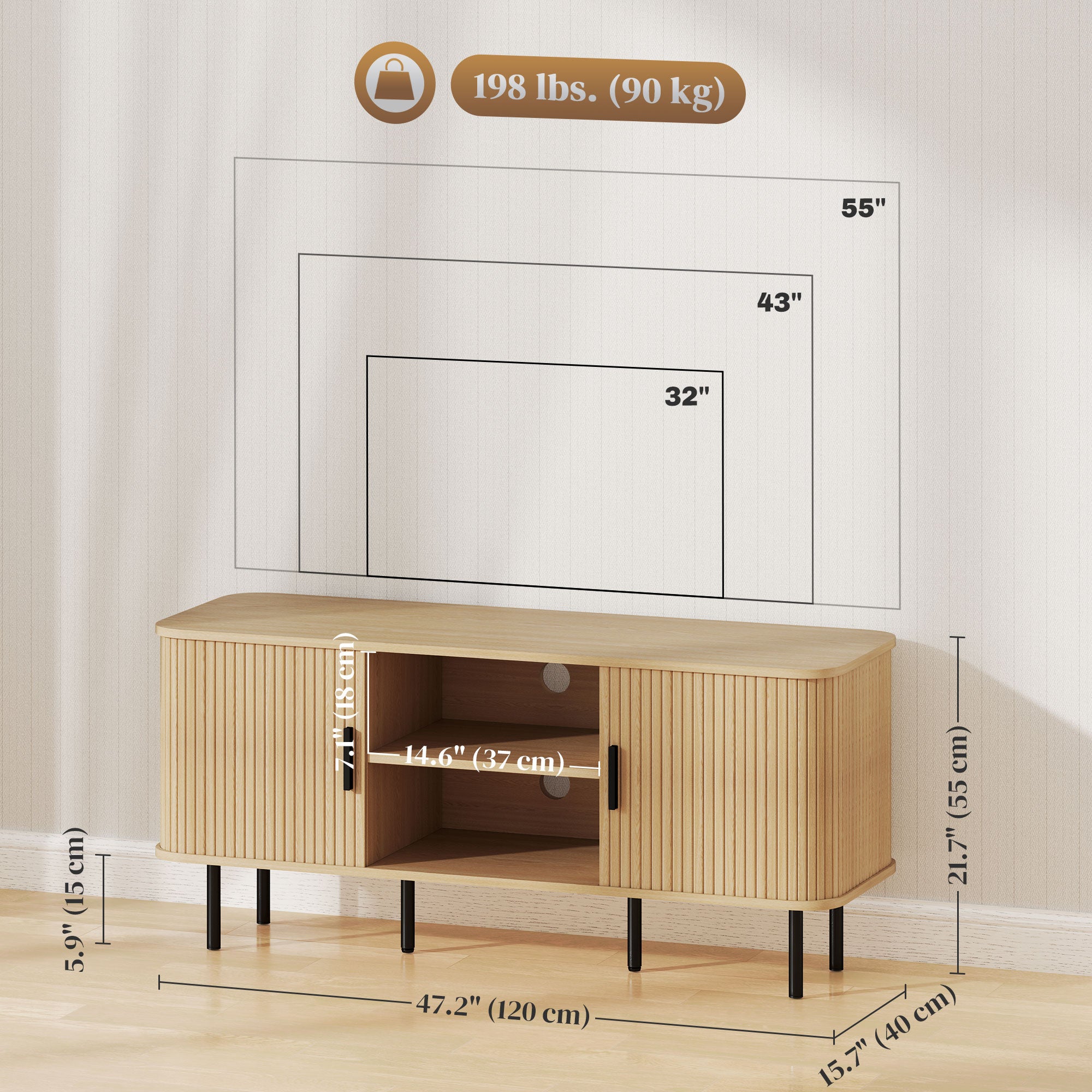 TV Stand Cabinet for 55" TV, Oak Tone, Storage Shelves, Cable Management, 47.2"W-DECOROLALA