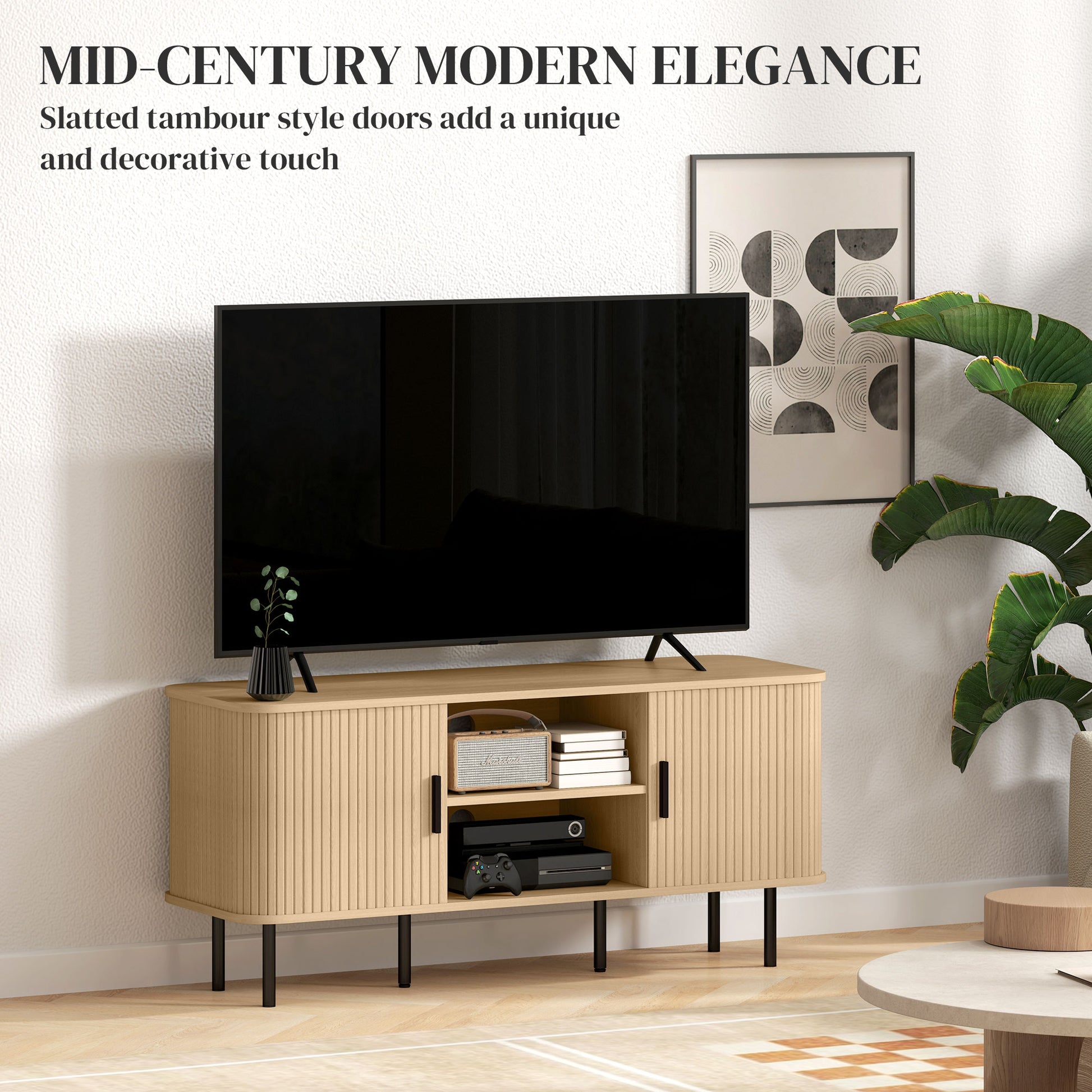 TV Stand Cabinet for 55" TV, Oak Tone, Storage Shelves, Cable Management, 47.2"W-DECOROLALA