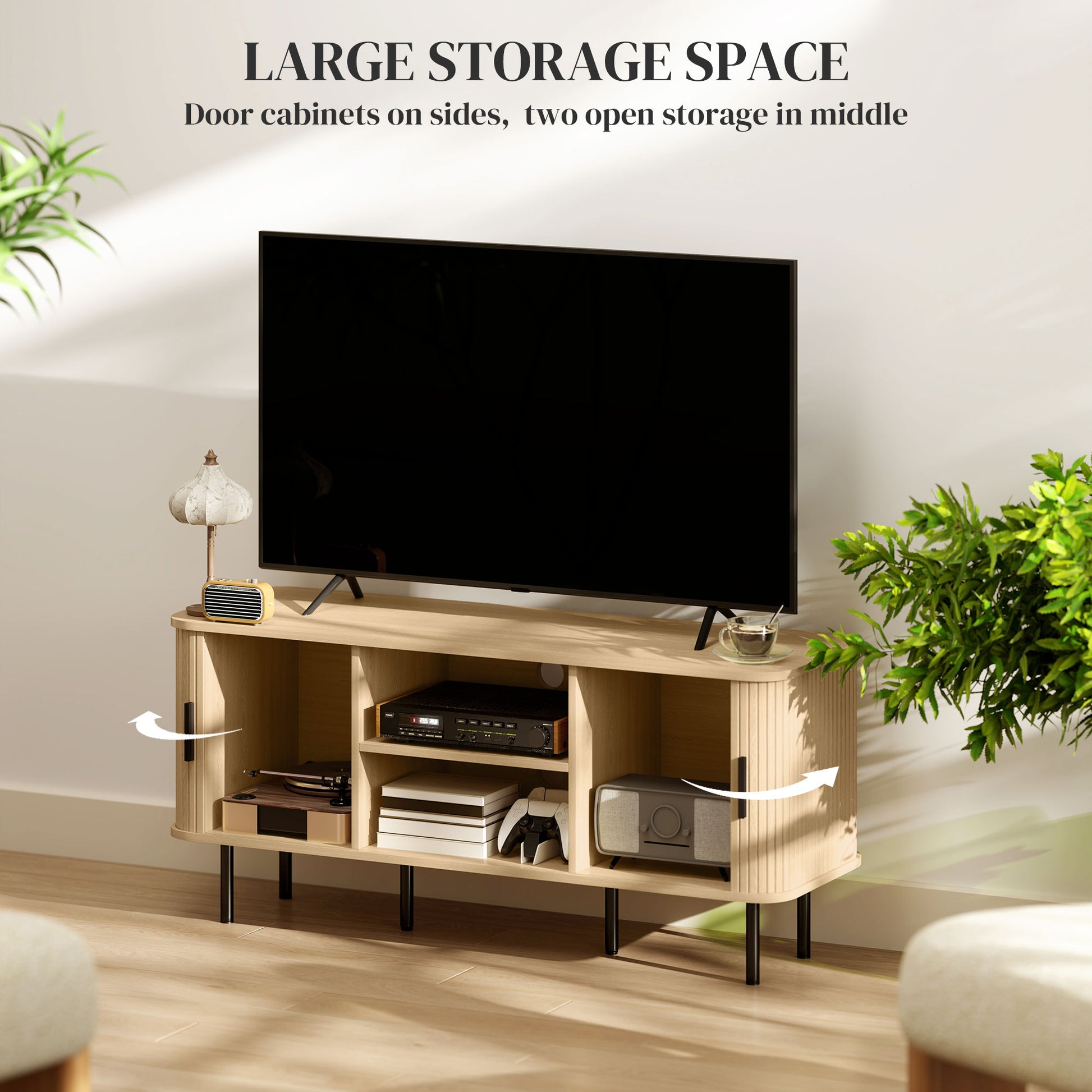 TV Stand Cabinet for 55" TV, Oak Tone, Storage Shelves, Cable Management, 47.2"W-DECOROLALA