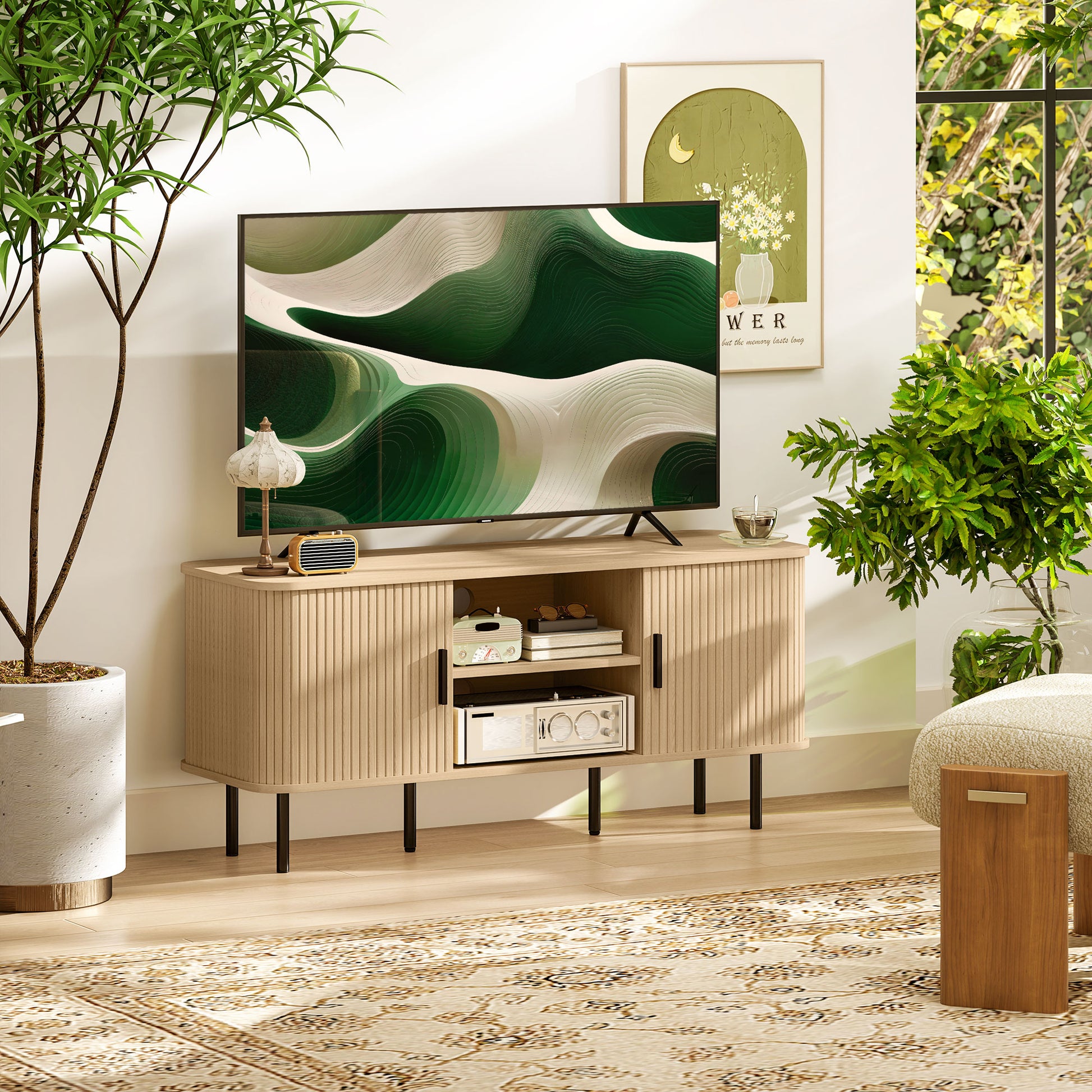 TV Stand Cabinet for 55" TV, Oak Tone, Storage Shelves, Cable Management, 47.2"W-DECOROLALA