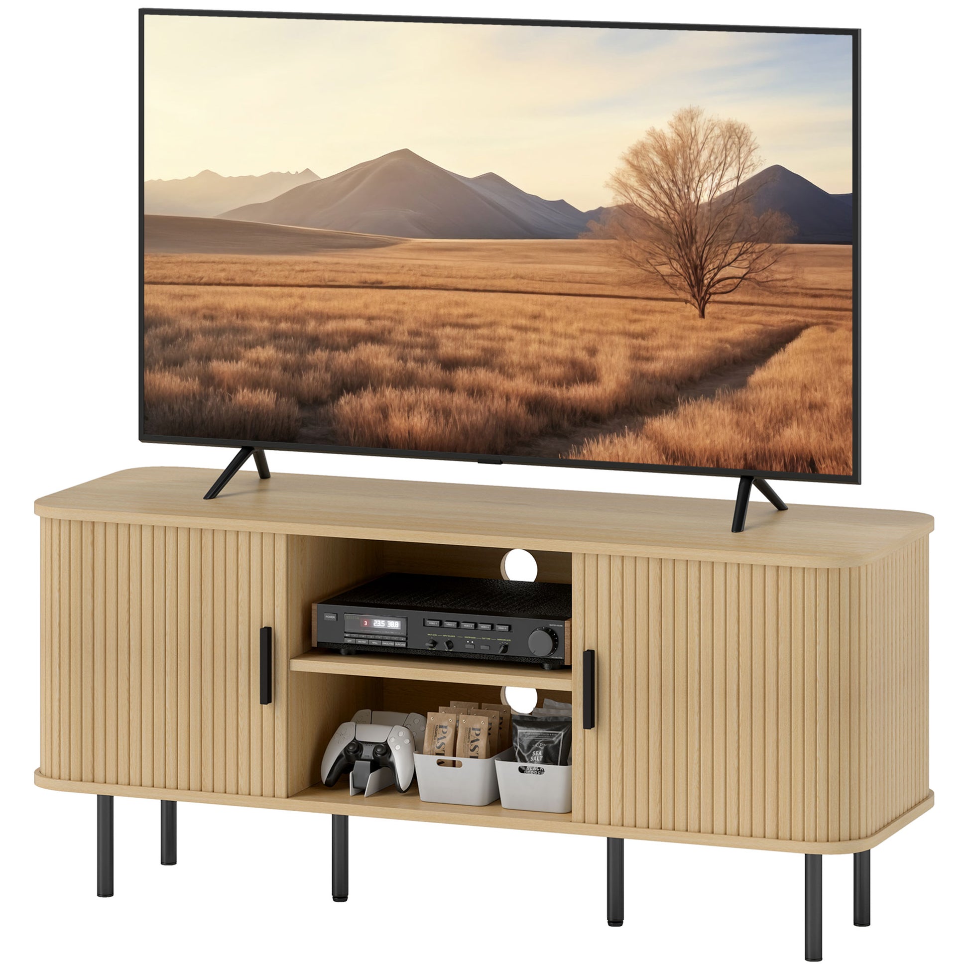 TV Stand Cabinet for 55" TV, Oak Tone, Storage Shelves, Cable Management, 47.2"W-DECOROLALA