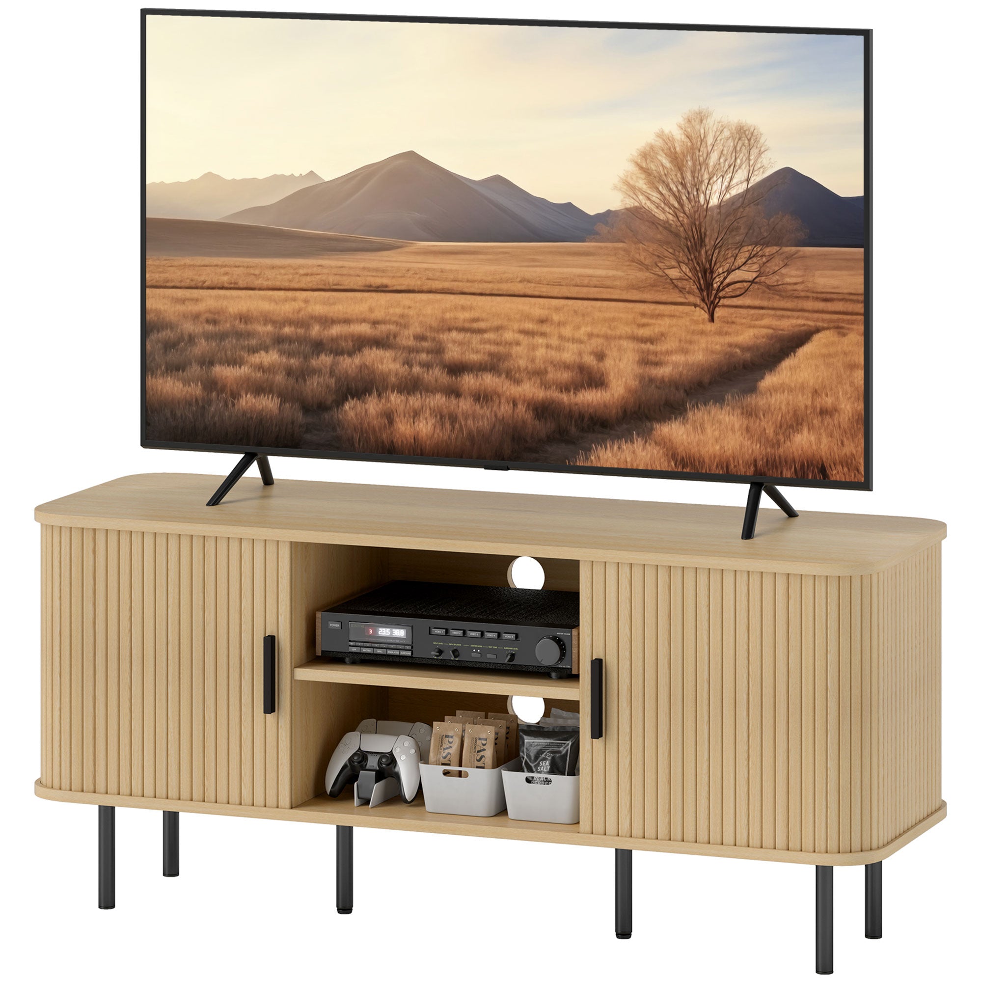 TV Stand Cabinet for 55" TV, Oak Tone, Storage Shelves, Cable Management, 47.2"W-DECOROLALA