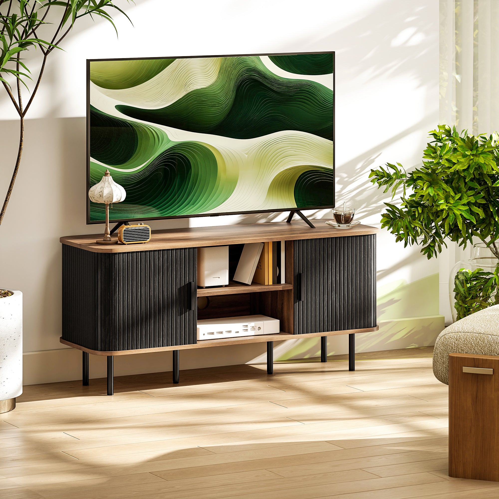 TV Stand Cabinet for TVs up to 55 Inches, TV Unit with Storage Shelves and Cabinets for Living Room, Black-Home Furnishings > Living Room Furniture > TV¬†Stands-DECOROLALA
