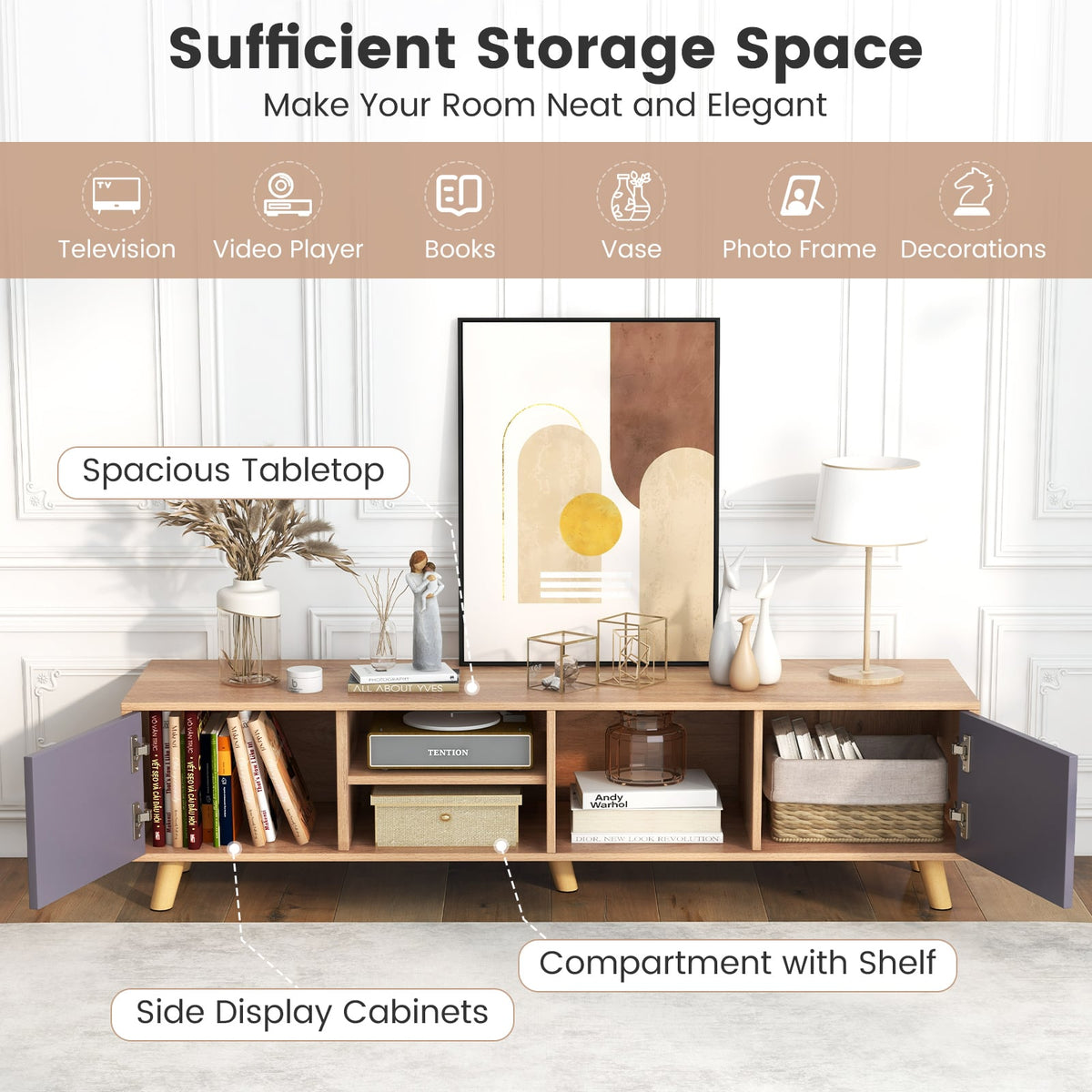TV Stand Cabinet for TVs up to 65 Inch with Open Shelf for Living Room-Entertainment Centers & TV Stands-DECOROLALA