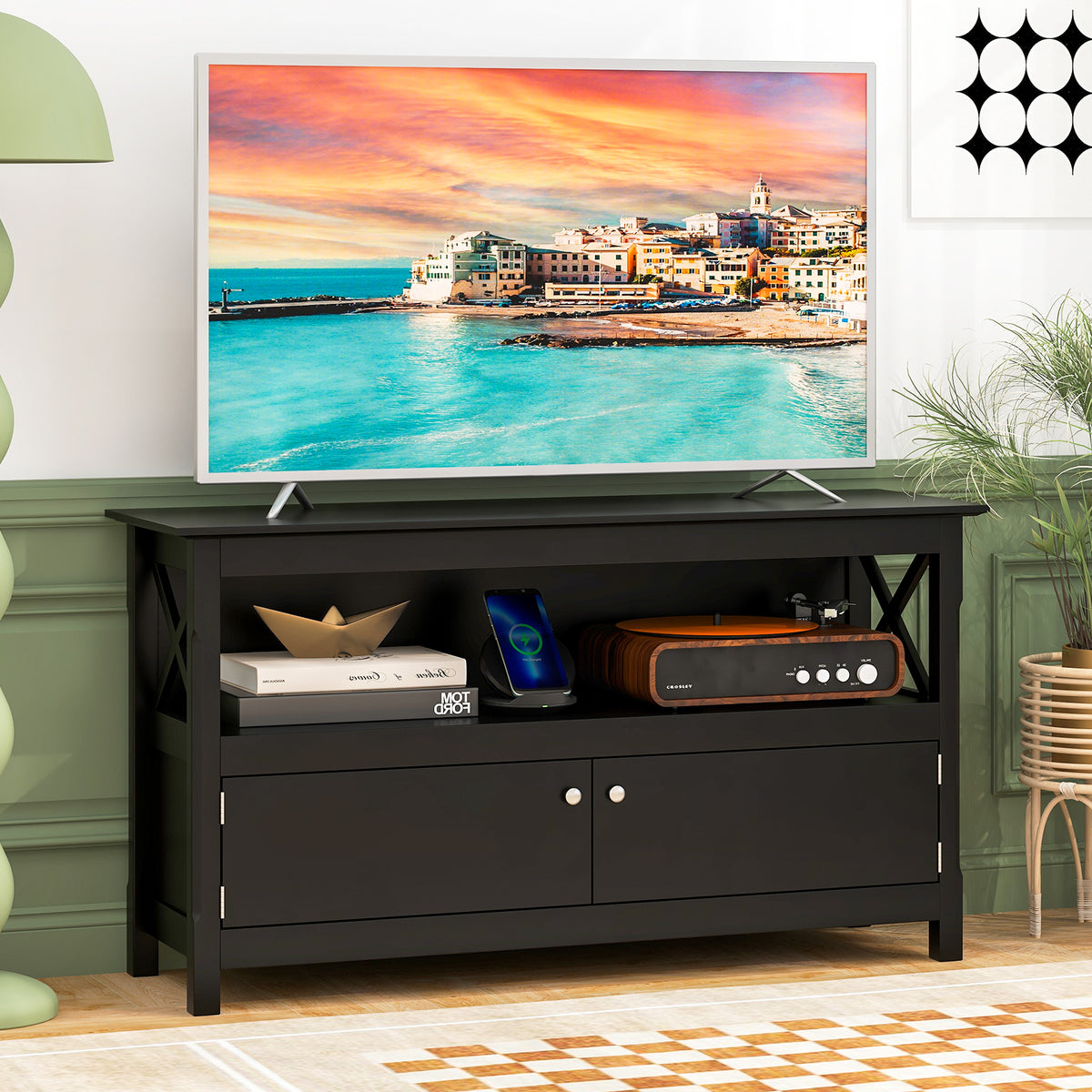TV Stand Entertainment Center with Charging Station for TVs up to 50 Inch-Black-Entertainment Centers & TV Stands-DECOROLALA