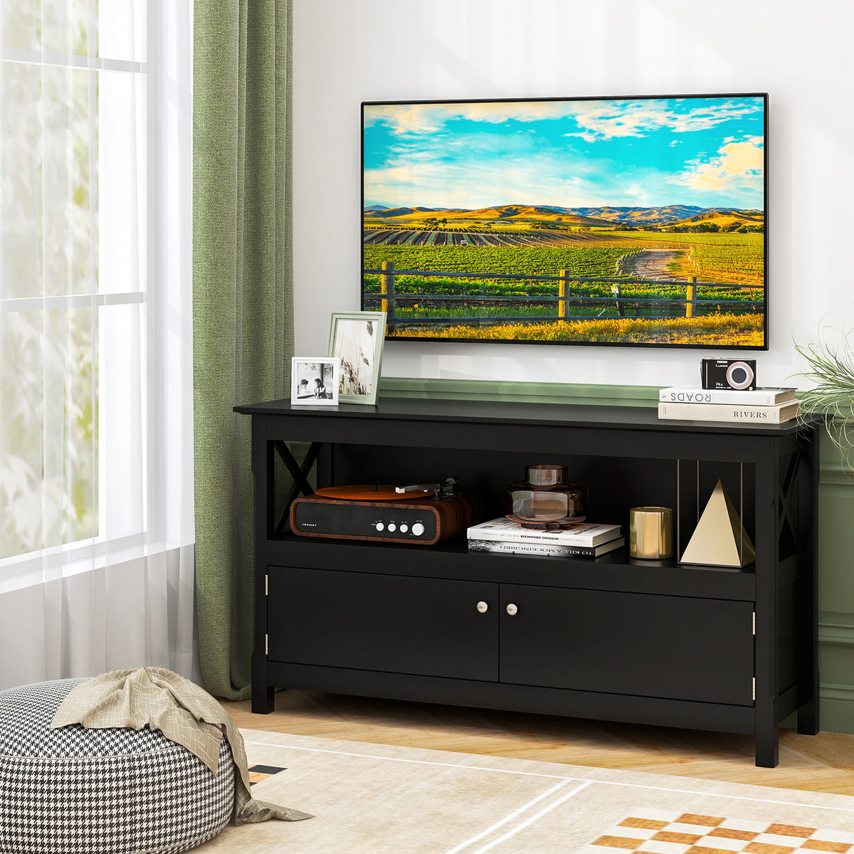 TV Stand Entertainment Center with Charging Station for TVs up to 50 Inch-Black-Entertainment Centers & TV Stands-DECOROLALA