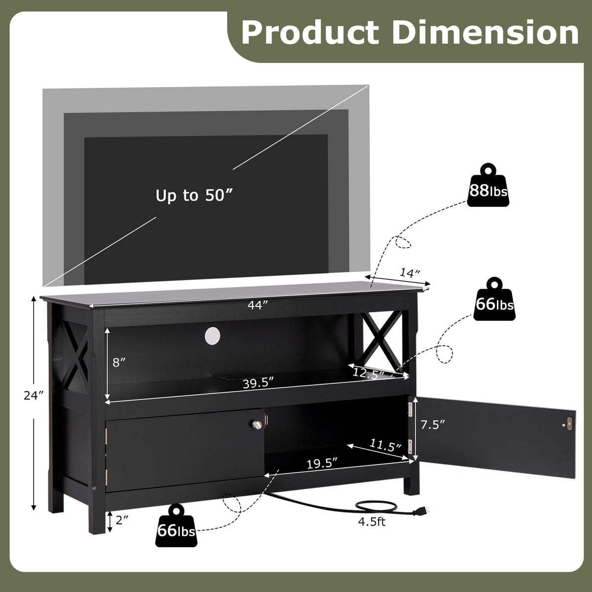 TV Stand Entertainment Center with Charging Station for TVs up to 50 Inch-Black-Entertainment Centers & TV Stands-DECOROLALA