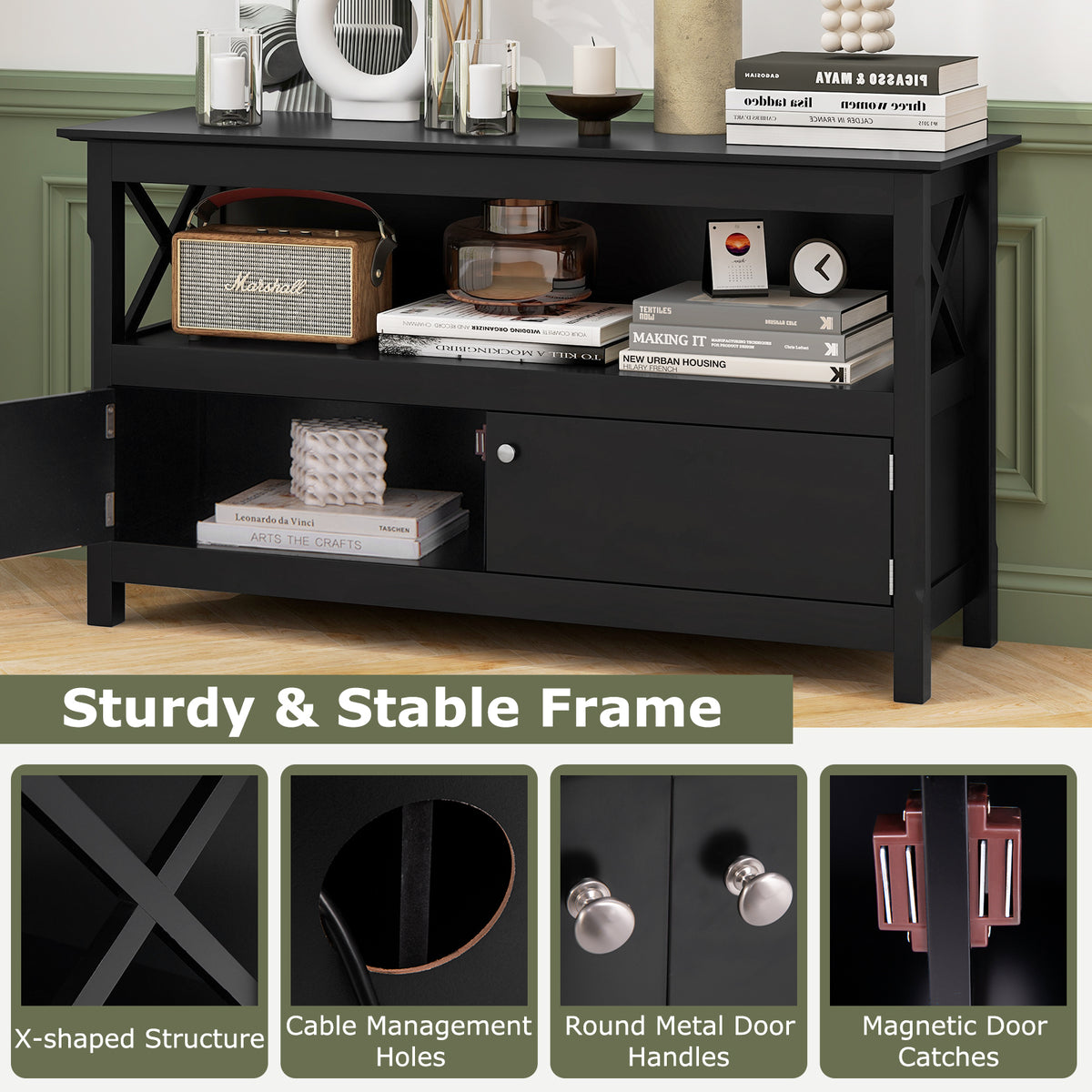 TV Stand Entertainment Center with Charging Station for TVs up to 50 Inch-Black-Entertainment Centers & TV Stands-DECOROLALA