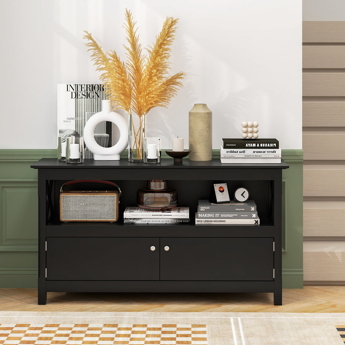 TV Stand Entertainment Center with Charging Station for TVs up to 50 Inch-Black-Entertainment Centers & TV Stands-DECOROLALA