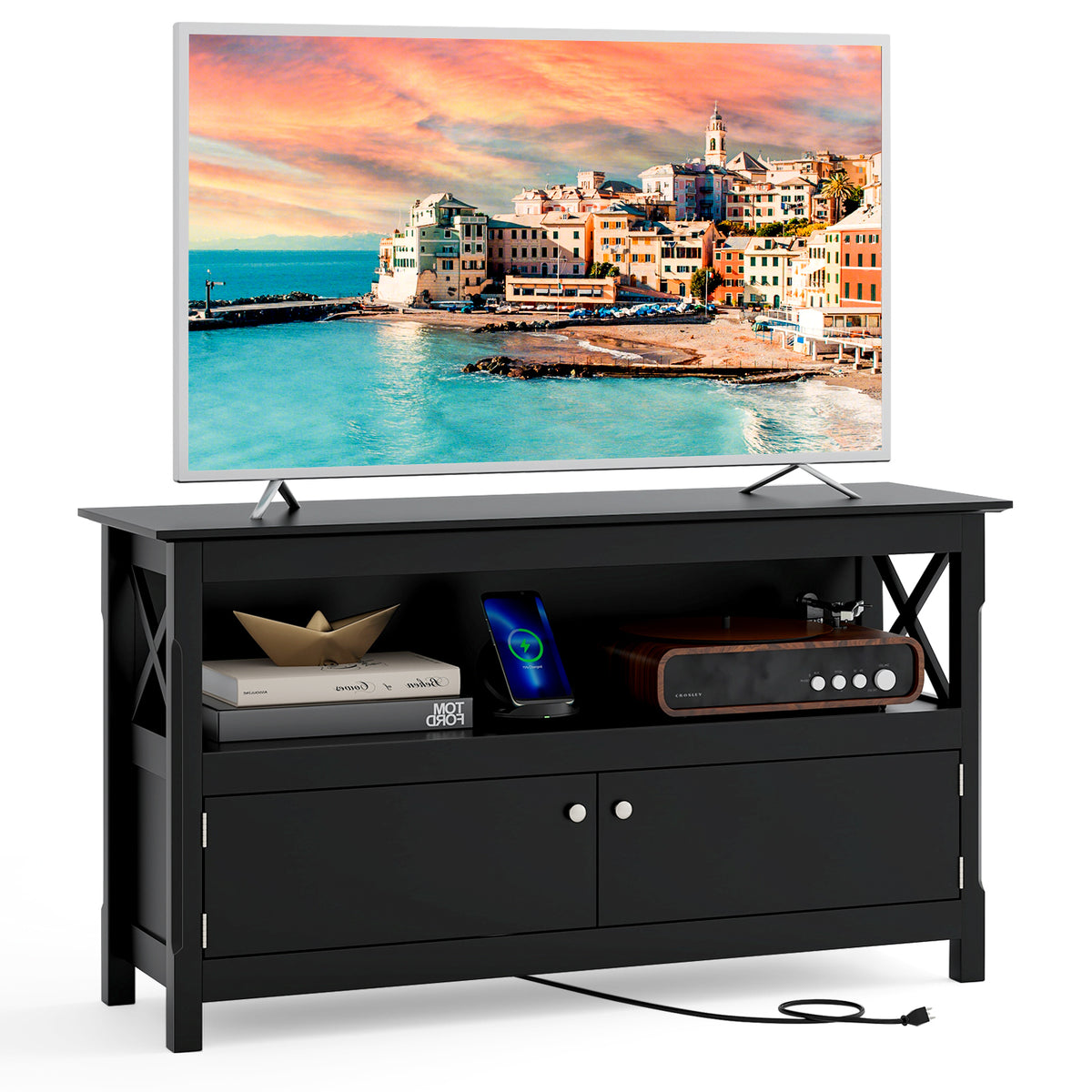 TV Stand Entertainment Center with Charging Station for TVs up to 50 Inch-Black-Entertainment Centers & TV Stands-DECOROLALA