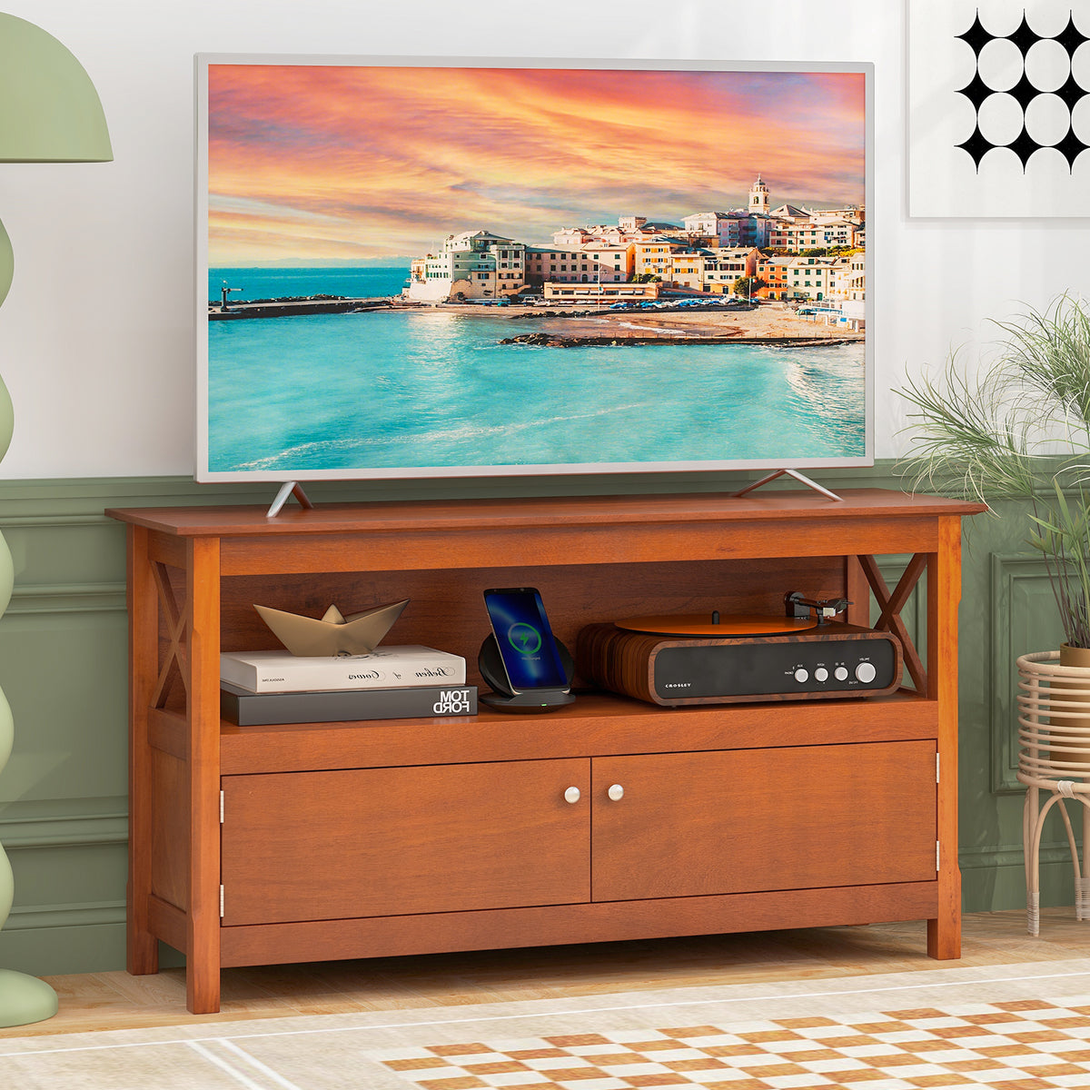 TV Stand Entertainment Center with Charging Station for TVs up to 50 Inch-Brown-Entertainment Centers & TV Stands-DECOROLALA