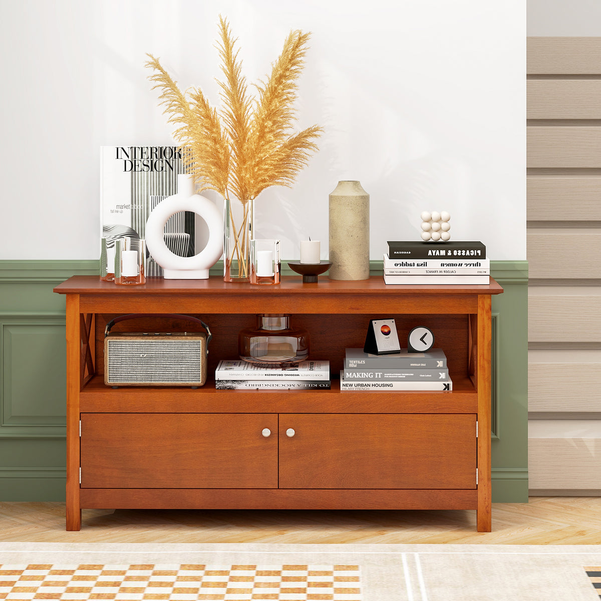 TV Stand Entertainment Center with Charging Station for TVs up to 50 Inch-Brown-Entertainment Centers & TV Stands-DECOROLALA