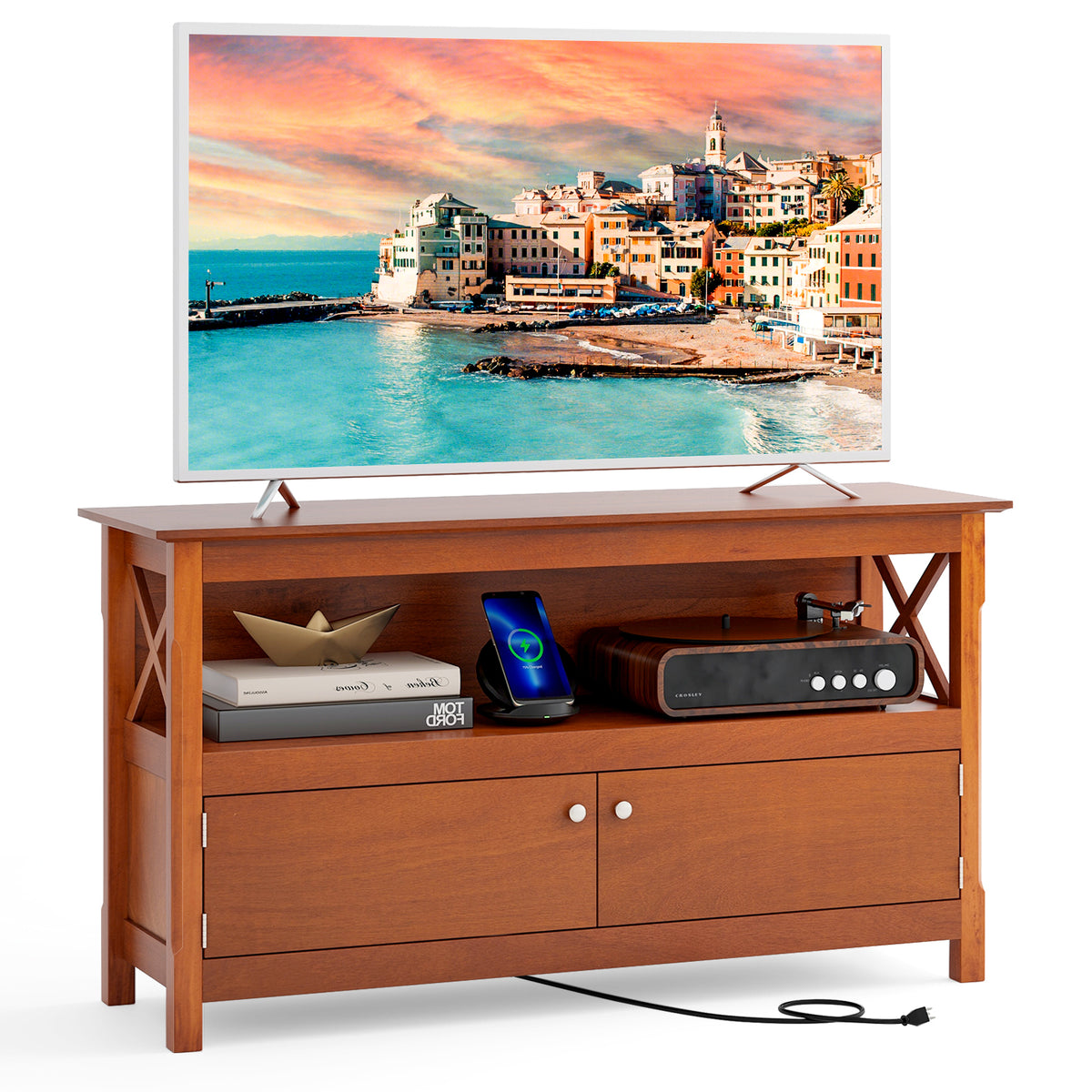 TV Stand Entertainment Center with Charging Station for TVs up to 50 Inch-Brown-Entertainment Centers & TV Stands-DECOROLALA