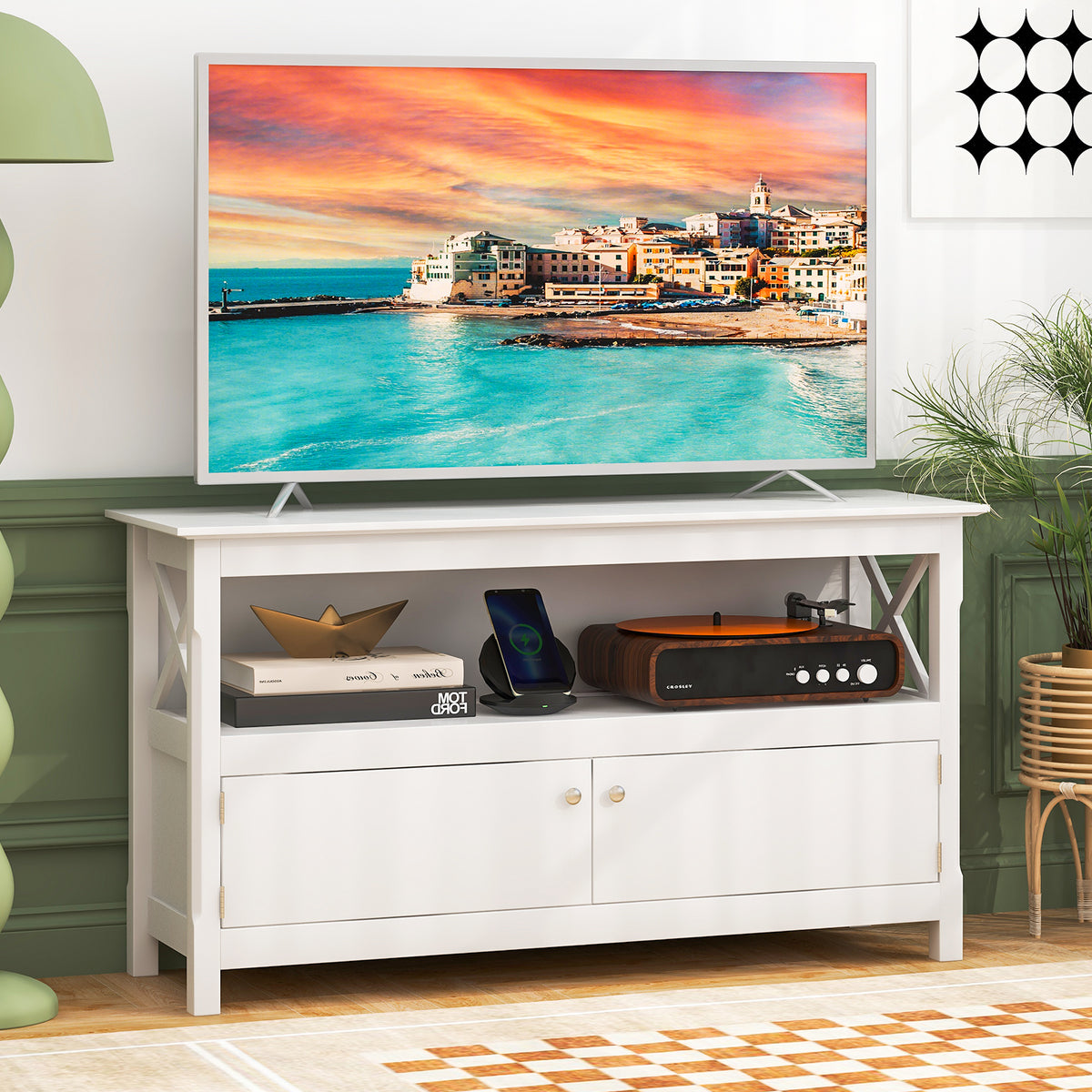 TV Stand Entertainment Center with Charging Station for TVs up to 50 Inch-White-Entertainment Centers & TV Stands-DECOROLALA
