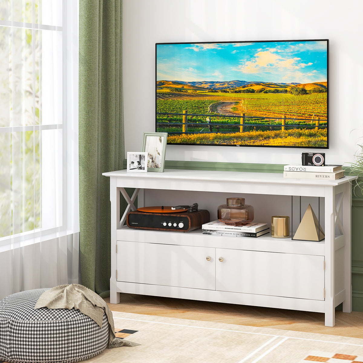 TV Stand Entertainment Center with Charging Station for TVs up to 50 Inch-White-Entertainment Centers & TV Stands-DECOROLALA