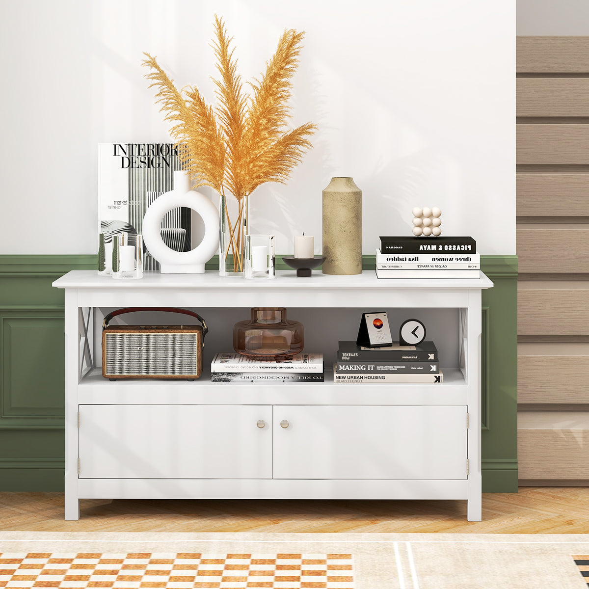 TV Stand Entertainment Center with Charging Station for TVs up to 50 Inch-White-Entertainment Centers & TV Stands-DECOROLALA