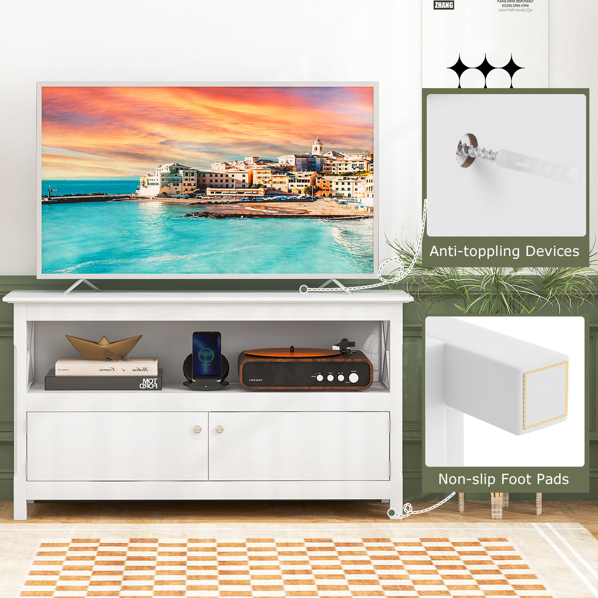 TV Stand Entertainment Center with Charging Station for TVs up to 50 Inch-White-Entertainment Centers & TV Stands-DECOROLALA