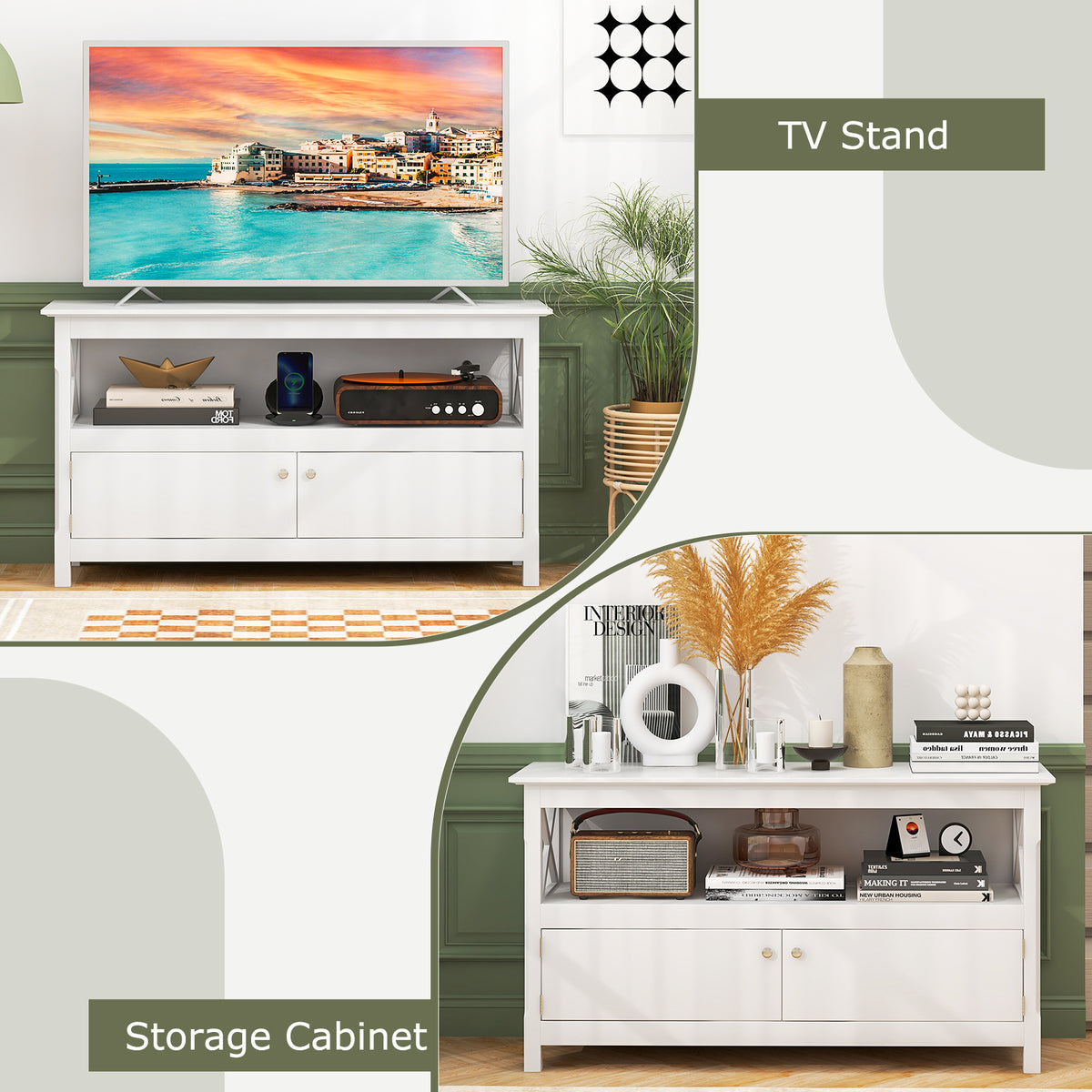 TV Stand Entertainment Center with Charging Station for TVs up to 50 Inch-White-Entertainment Centers & TV Stands-DECOROLALA