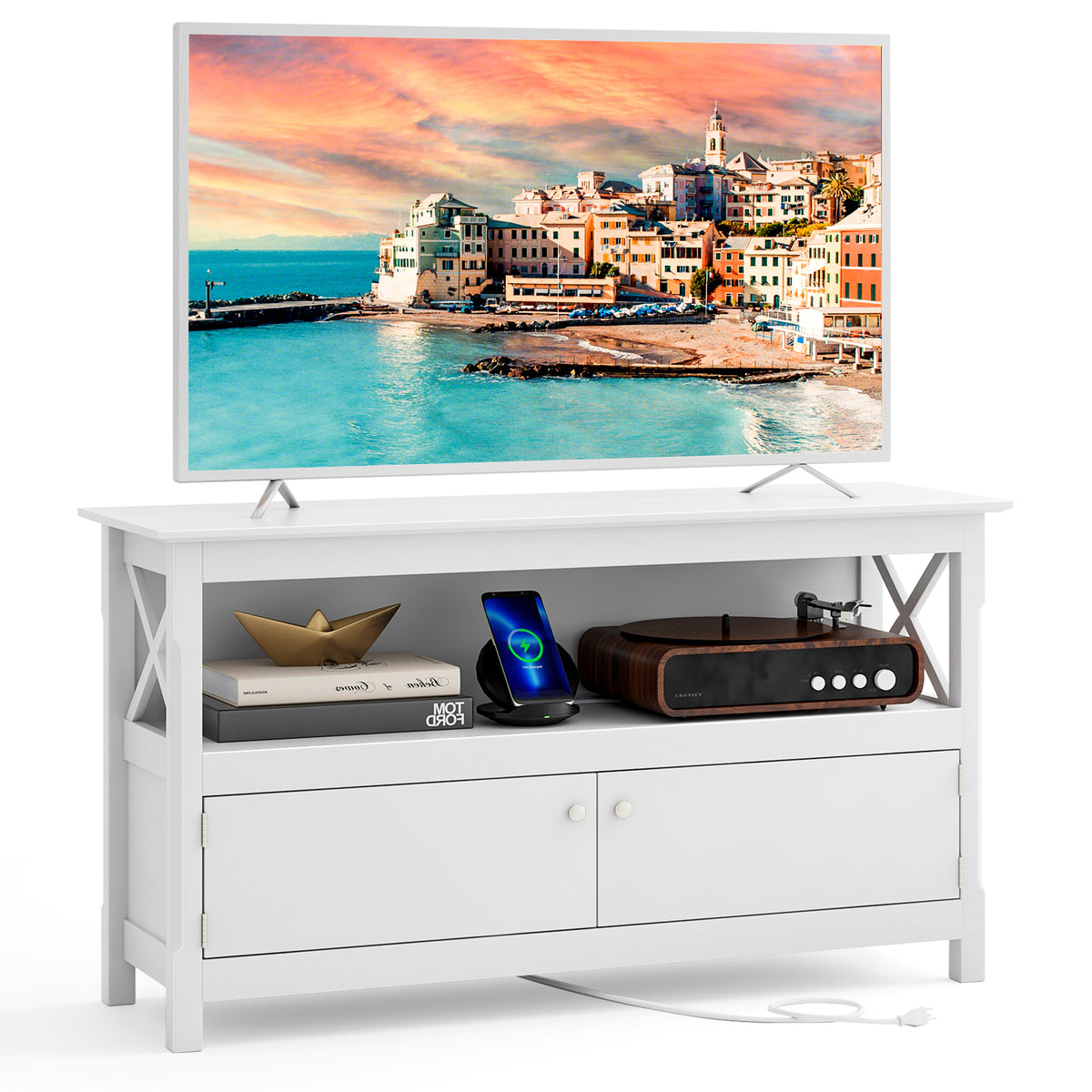 TV Stand Entertainment Center with Charging Station for TVs up to 50 Inch-White-Entertainment Centers & TV Stands-DECOROLALA