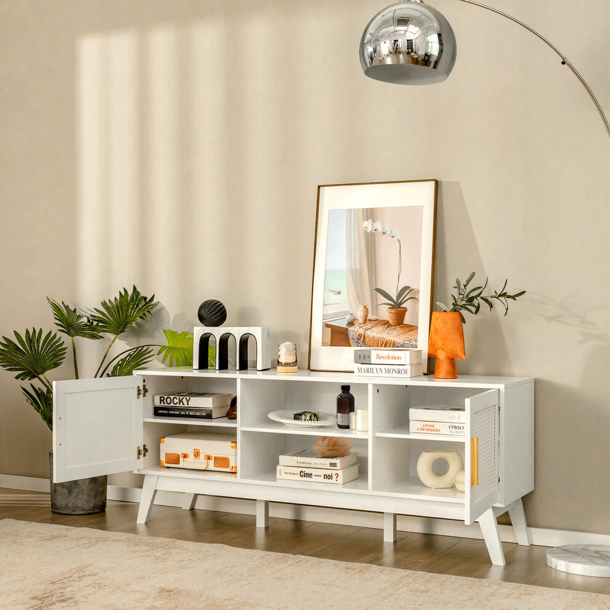 TV Stand Entertainment Media Console with 2 Rattan Cabinets and Open Shelves-White-Entertainment Centers & TV Stands-DECOROLALA