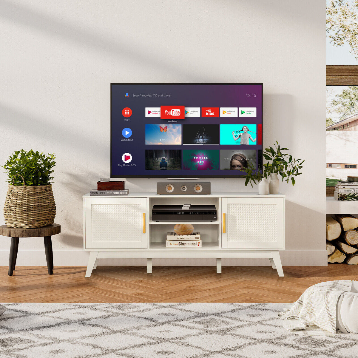 TV Stand Entertainment Media Console with 2 Rattan Cabinets and Open Shelves-White-Entertainment Centers & TV Stands-DECOROLALA