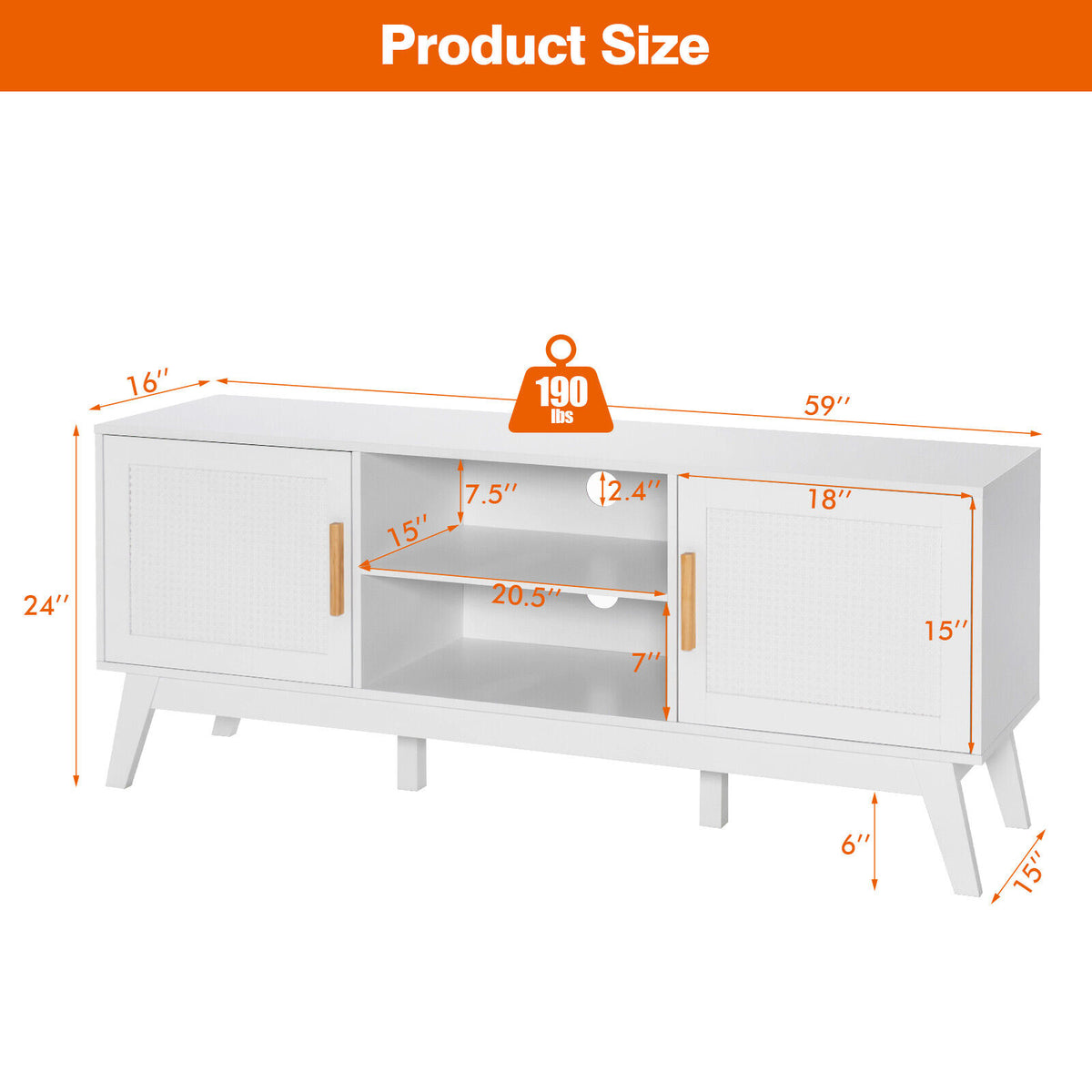 TV Stand Entertainment Media Console with 2 Rattan Cabinets and Open Shelves-White-Entertainment Centers & TV Stands-DECOROLALA