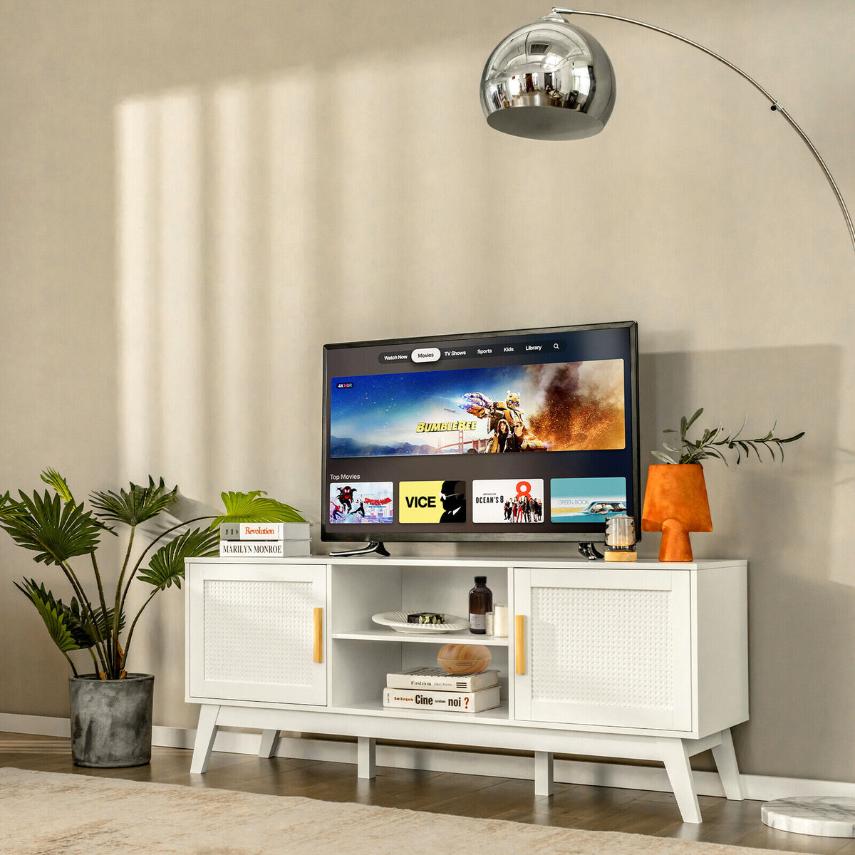 TV Stand Entertainment Media Console with 2 Rattan Cabinets and Open Shelves-White-Entertainment Centers & TV Stands-DECOROLALA