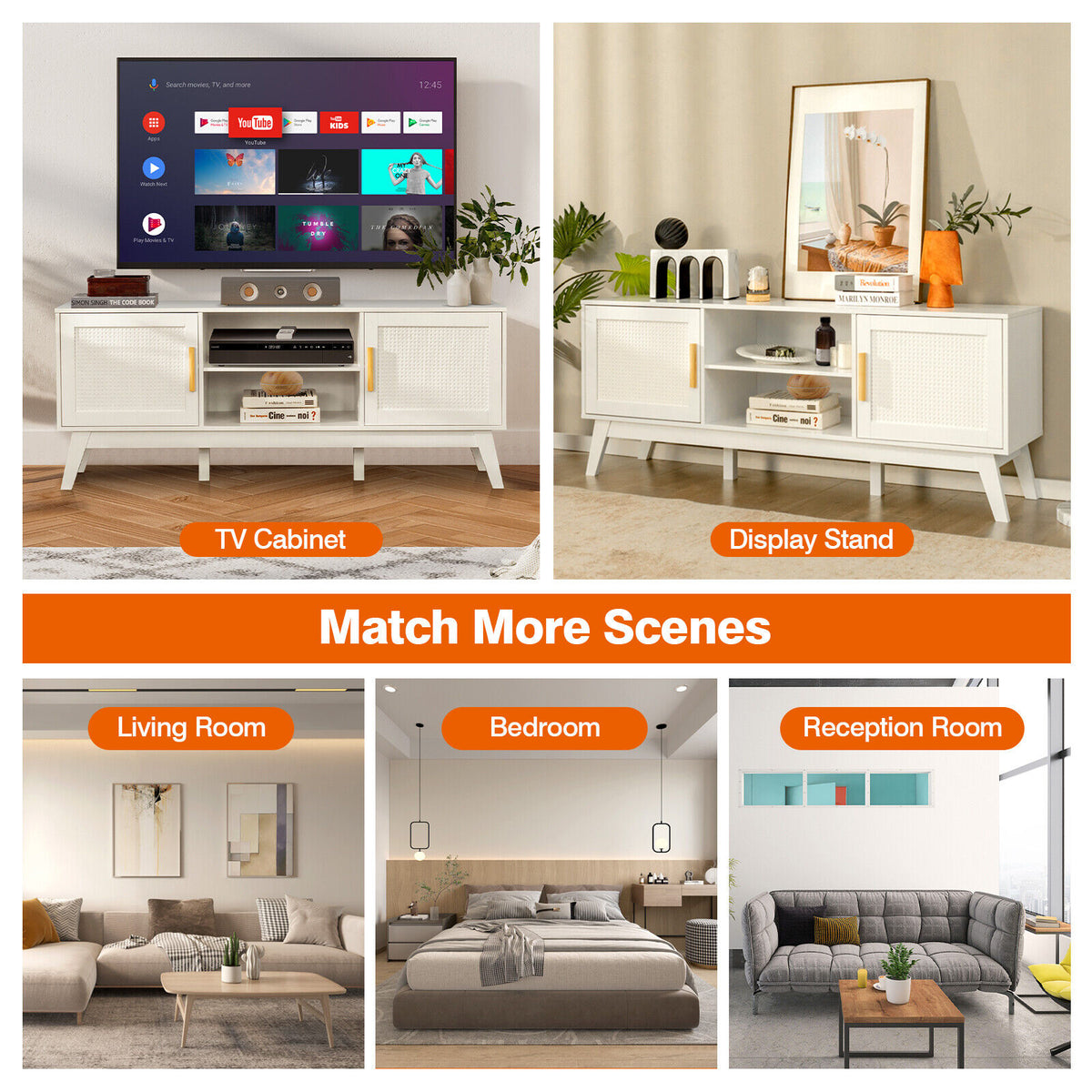 TV Stand Entertainment Media Console with 2 Rattan Cabinets and Open Shelves-White-Entertainment Centers & TV Stands-DECOROLALA
