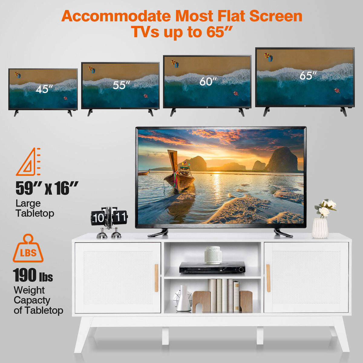 TV Stand Entertainment Media Console with 2 Rattan Cabinets and Open Shelves-White-Entertainment Centers & TV Stands-DECOROLALA