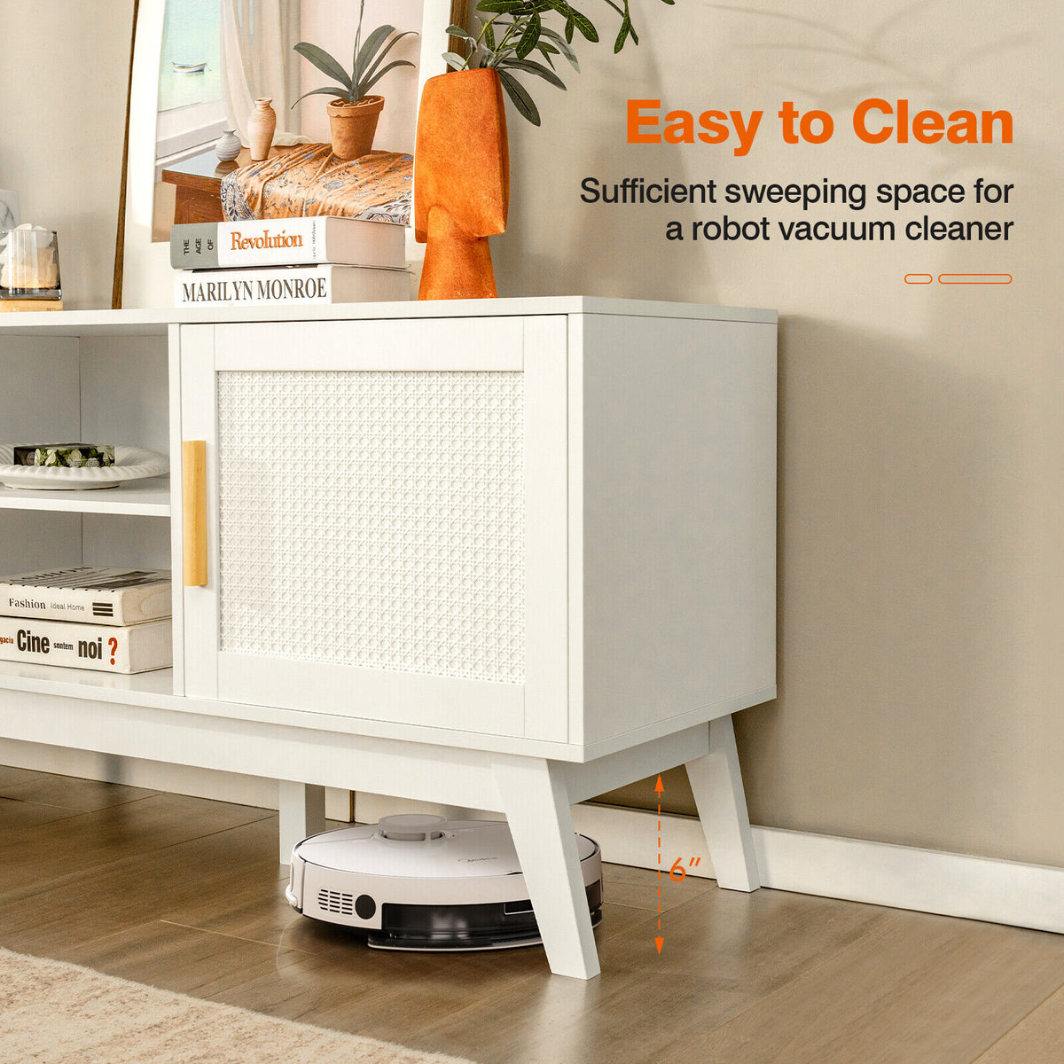 TV Stand Entertainment Media Console with 2 Rattan Cabinets and Open Shelves-White-Entertainment Centers & TV Stands-DECOROLALA