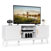 TV Stand Entertainment Media Console with 2 Rattan Cabinets and Open Shelves-White-Entertainment Centers & TV Stands-DECOROLALA