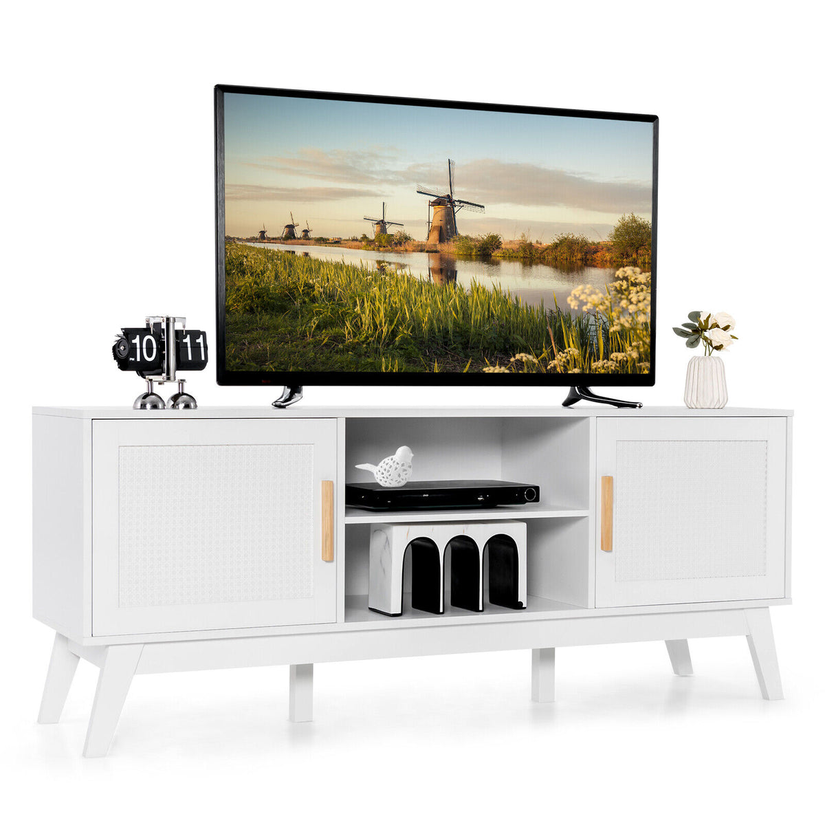 TV Stand Entertainment Media Console with 2 Rattan Cabinets and Open Shelves-White-Entertainment Centers & TV Stands-DECOROLALA