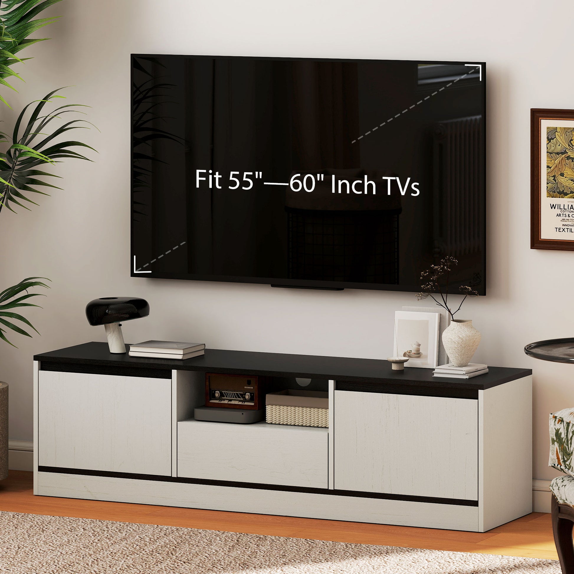TV Stand for 55-60 Inch TV, Entertainment Center w/ Cabinets, Shelf, Drawer and Cable Management for Living Room, White-Home Furnishings > Living Room Furniture > TV¬†Stands-DECOROLALA