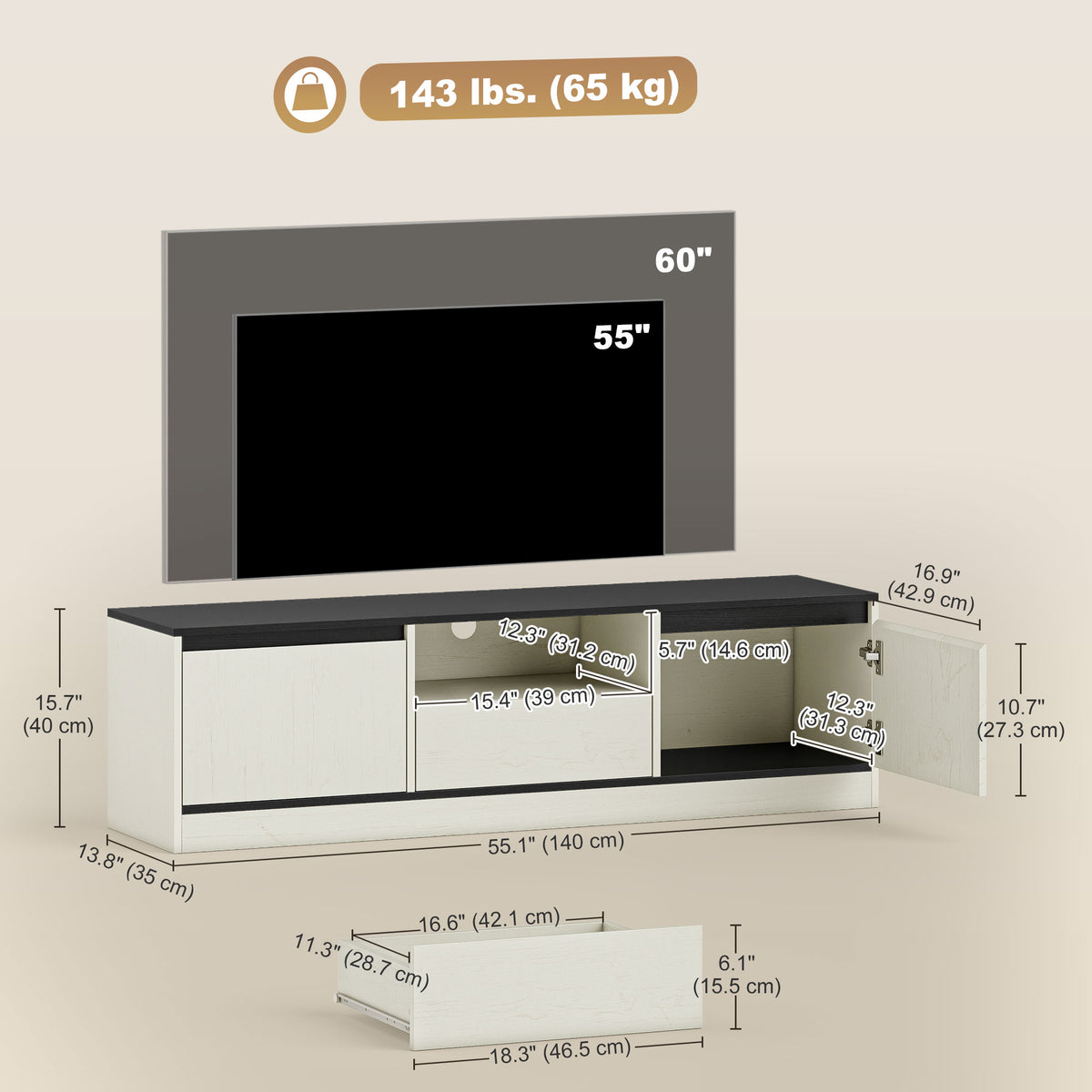 TV Stand for 55-60 Inch TV - White Wood Grain-Home Furnishings > Living Room Furniture > TV¬†Stands-DECOROLALA