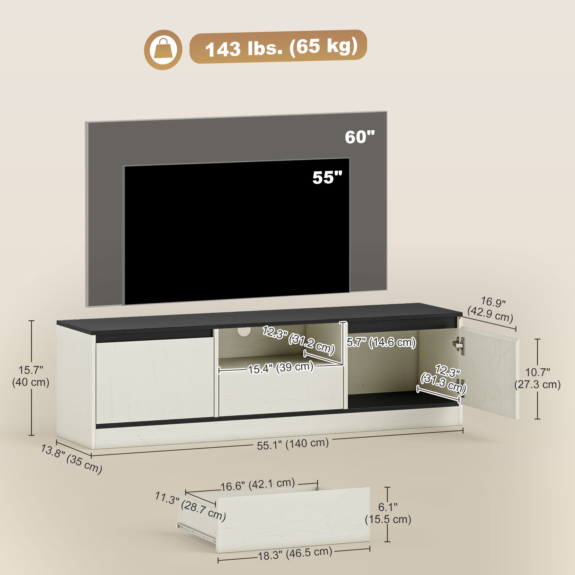 TV Stand for 55-60 Inch TV - White Wood Grain-Home Furnishings > Living Room Furniture > TV¬†Stands-DECOROLALA