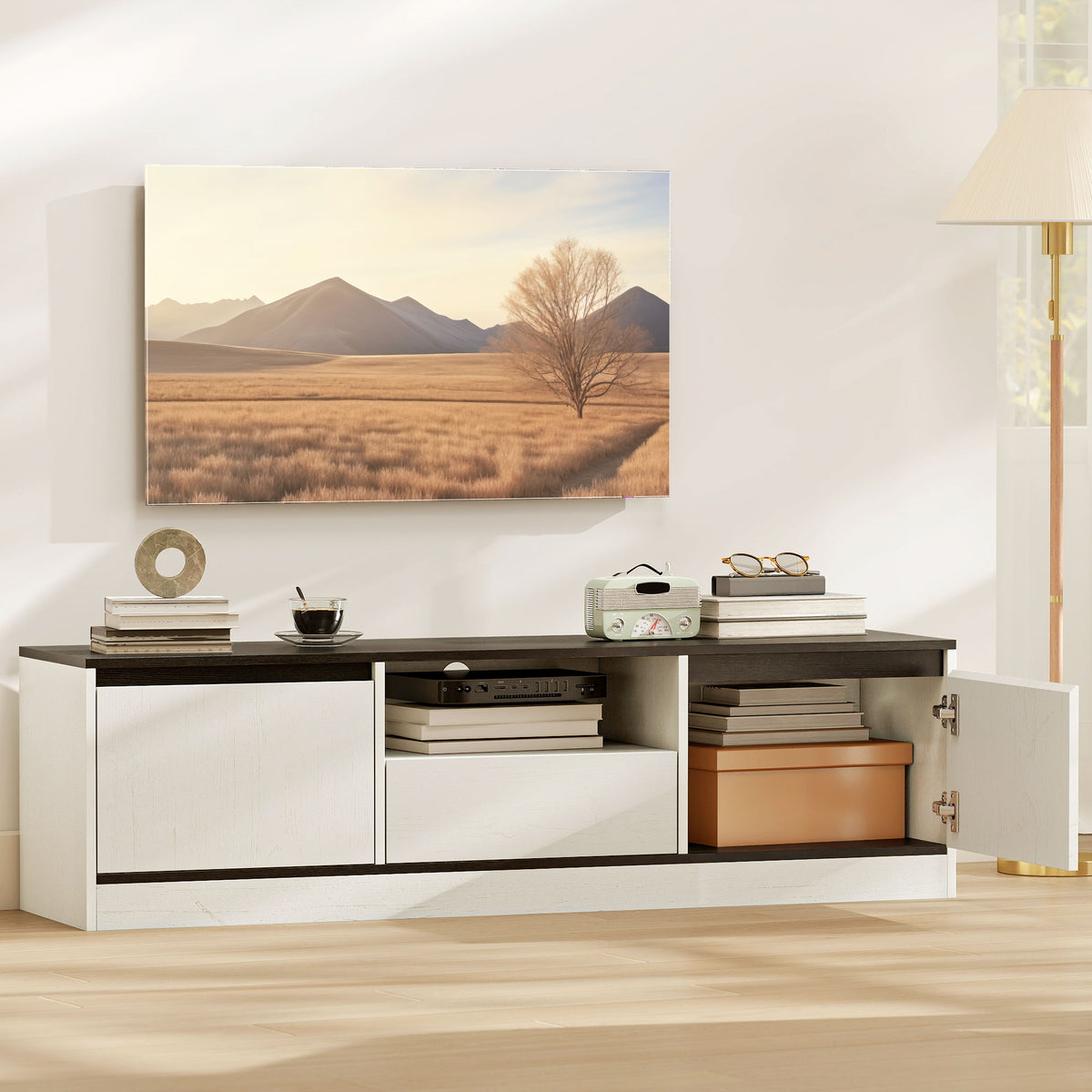 TV Stand for 55-60 Inch TV - White Wood Grain-Home Furnishings > Living Room Furniture > TV¬†Stands-DECOROLALA